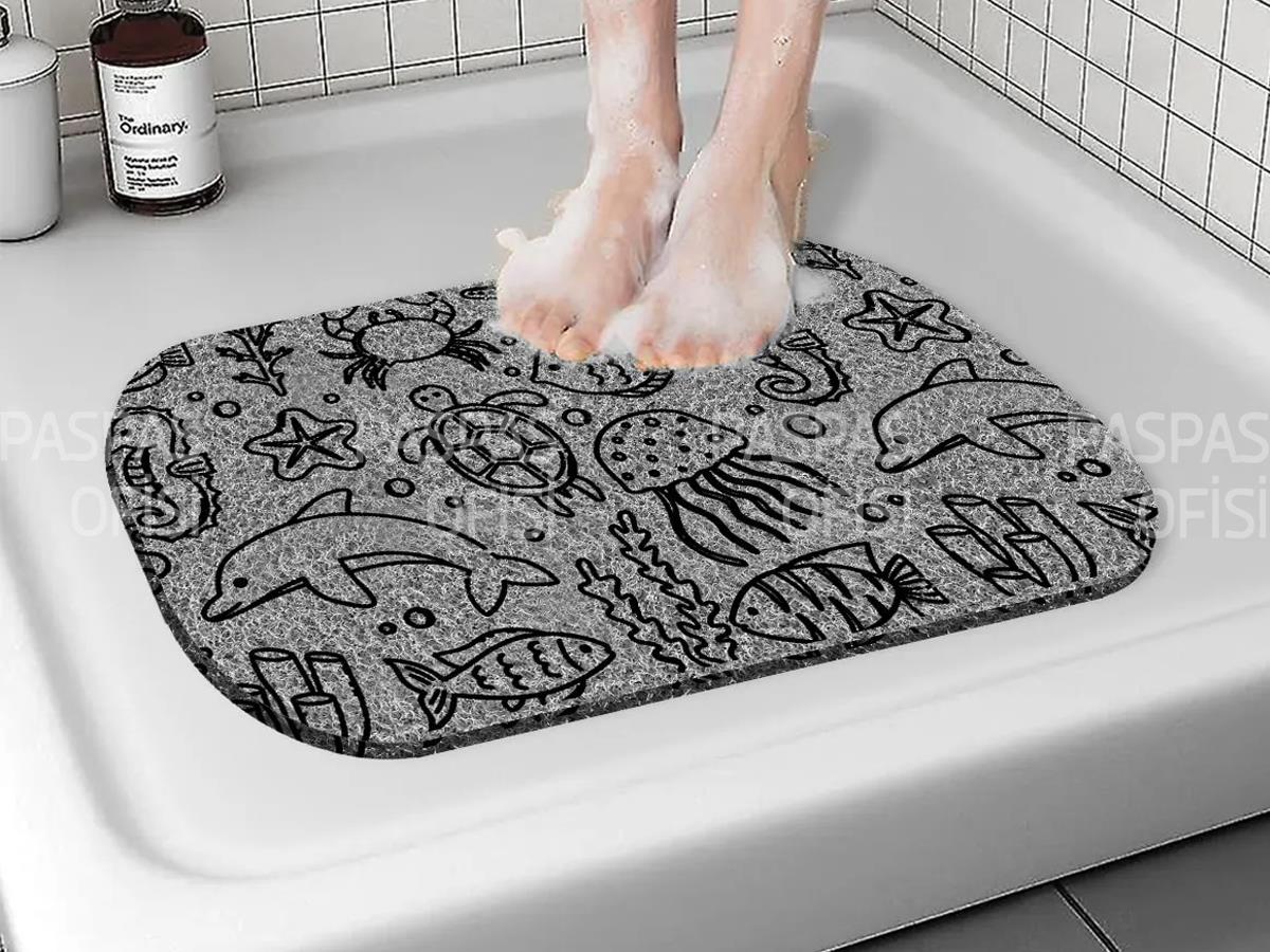 Desenli Banyo Paspası Kaymaz Taban Küvet Paspası Gri