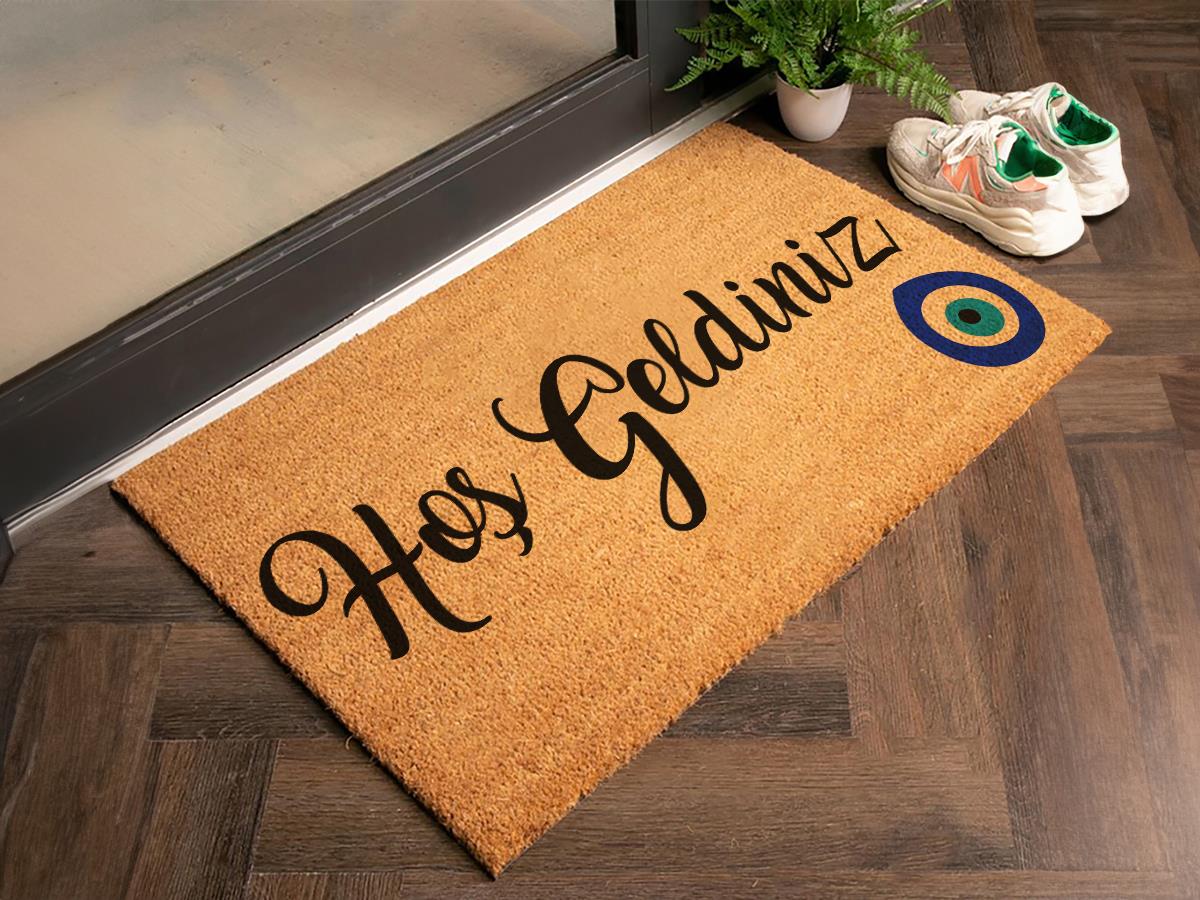 Hoş Geldiniz Yazılı Nazar Boncuklu Ev Paspası Kapı Önü Paspası Koko Paspas