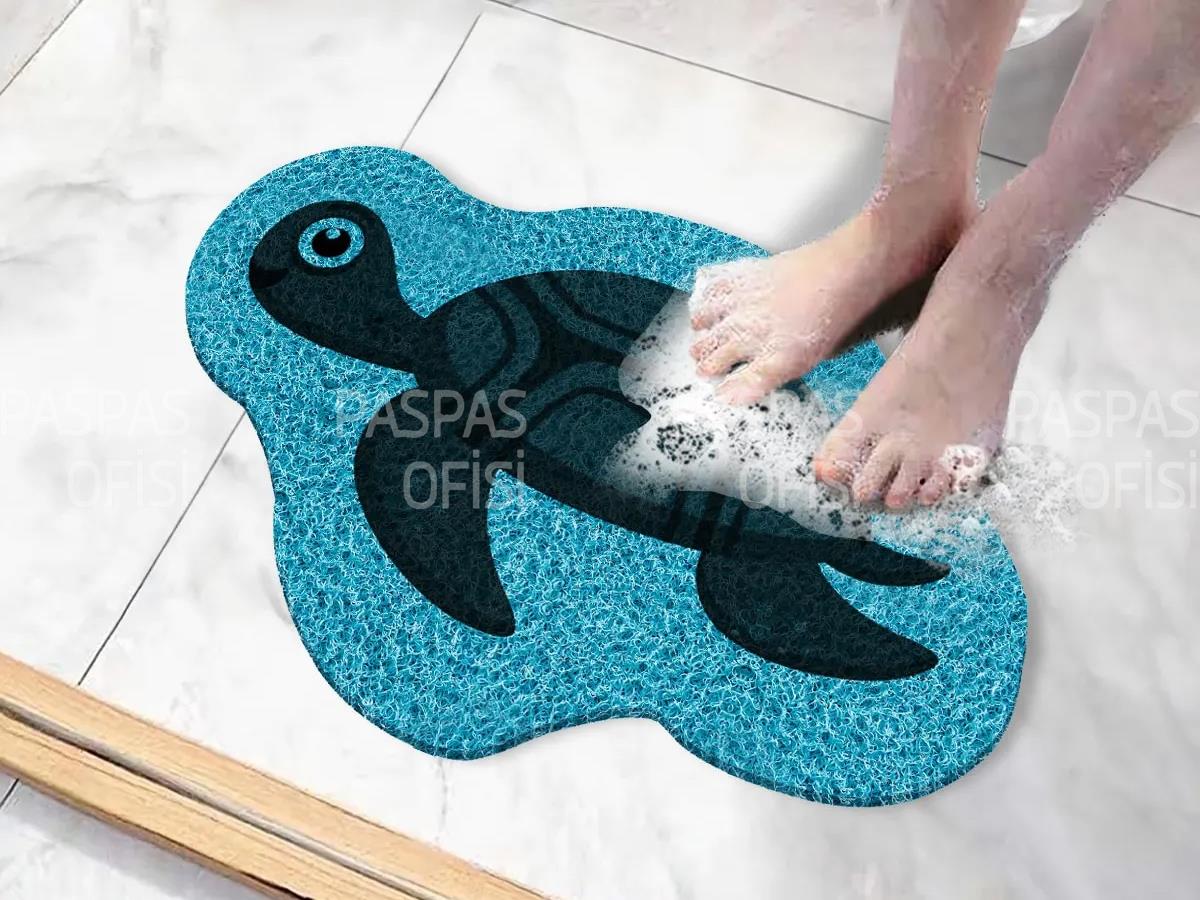 Kaplumbağa Desenli Banyo Paspası Kaymaz Tabanlı Küvet Paspası Mavi