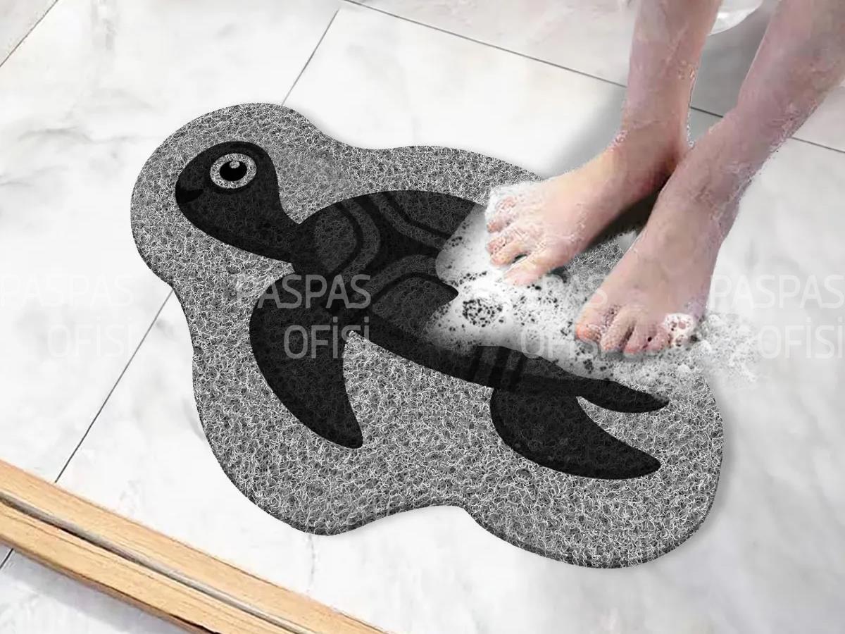 Kaplumbağa Desenli Banyo Paspası Kaymaz Tabanlı Küvet Paspası Gri