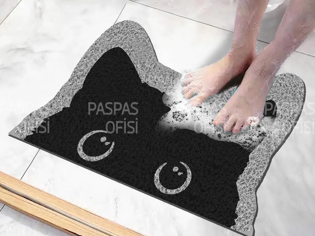 Kedi Tasarımlı Islak Zemin Paspası Banyo Paspası Küvet Paspası Kaydırmaz Banyo Paspas Modeli Gri