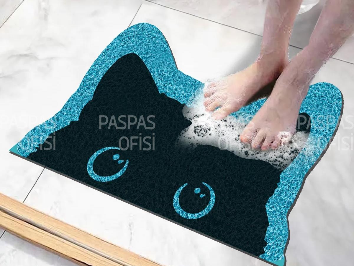 Kedi Tasarımlı Islak Zemin Paspası Banyo Paspası Küvet Paspası Kaydırmaz Banyo Paspas Modeli Mavi
