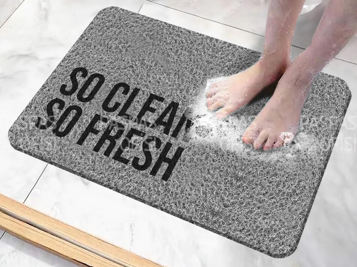So Clean So Fresh Yazılı Banyo Paspası Kıvırcık Paspas Su Emici Kaydırmaz Paspas Gri