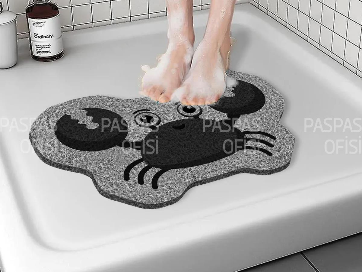 Yengeç Baskılı Banyo Paspası Kaydırmaz Banyo Paspası Kaymaz Tabanlı Paspas Gri