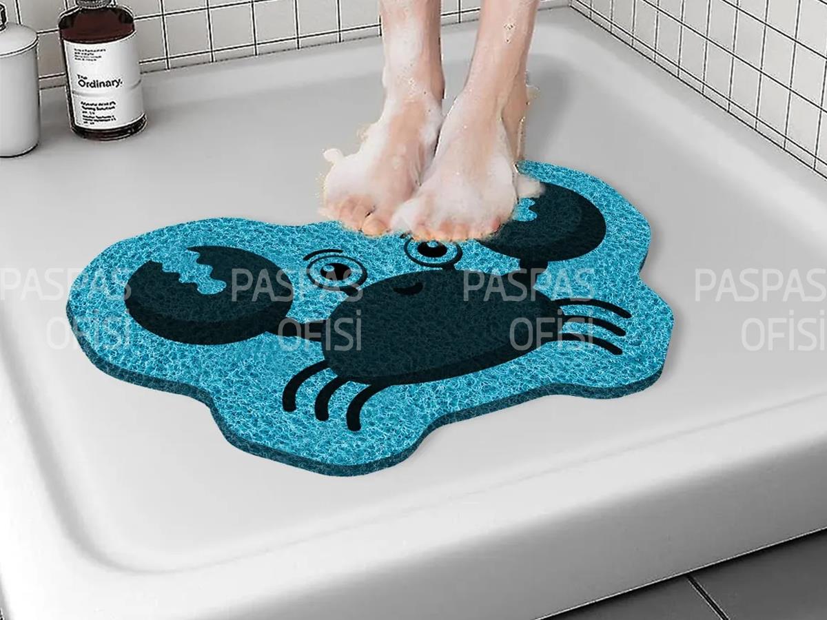 Yengeç Baskılı Banyo Paspası Kaydırmaz Banyo Paspası Kaymaz Tabanlı Paspas Mavi