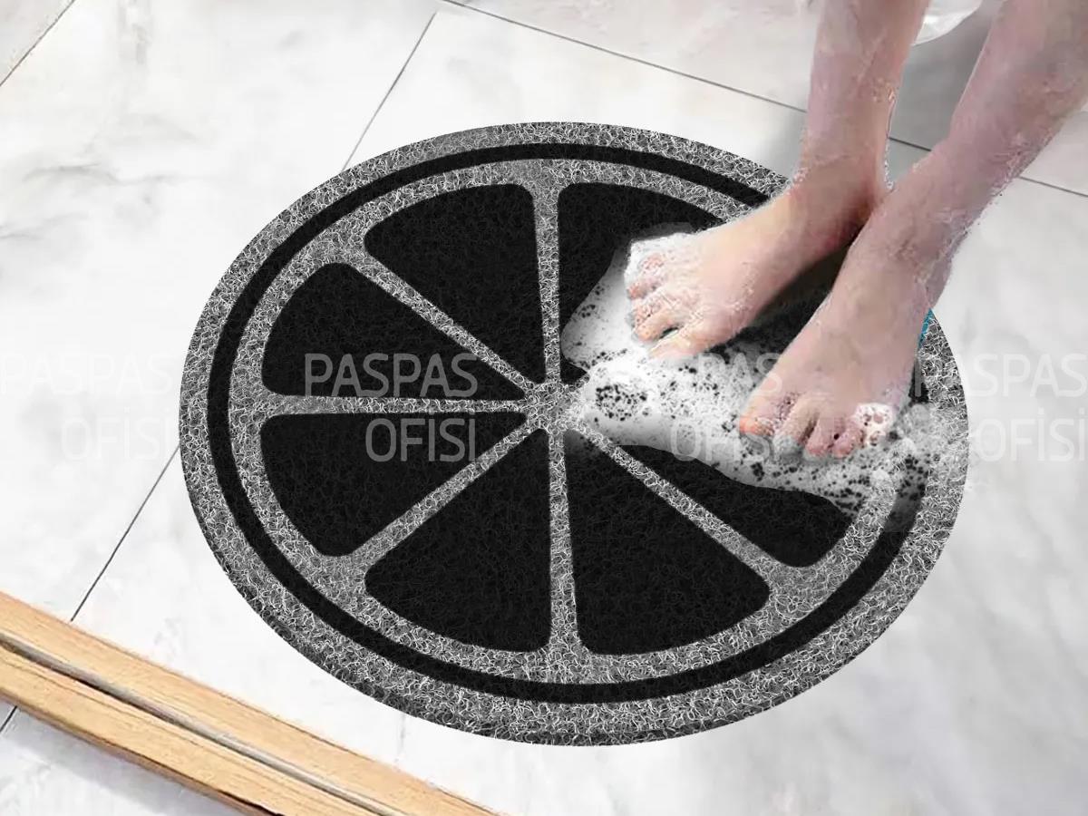 Yuvarlak Banyo Paspası Limon Tasarımlı Su Emici Kaydırmaz Paspas Gri