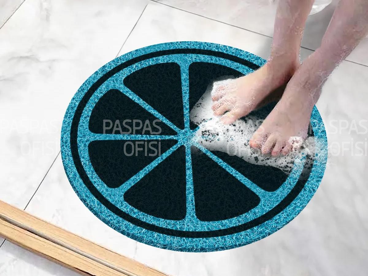 Yuvarlak Banyo Paspası Limon Tasarımlı Su Emici Kaydırmaz Paspas Mavi