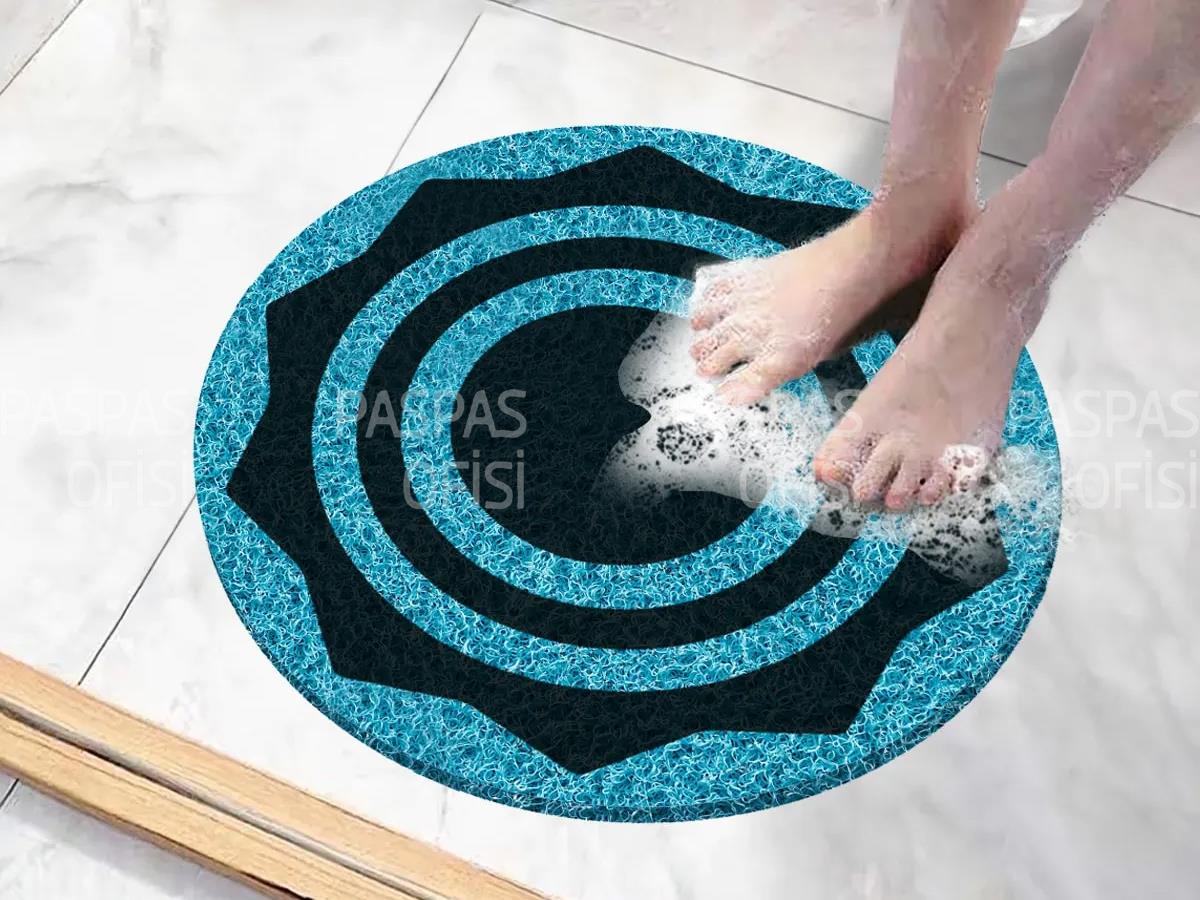 Yuvarlak Desenli Banyo Paspası Kayma Önleyici Paspas Mavi