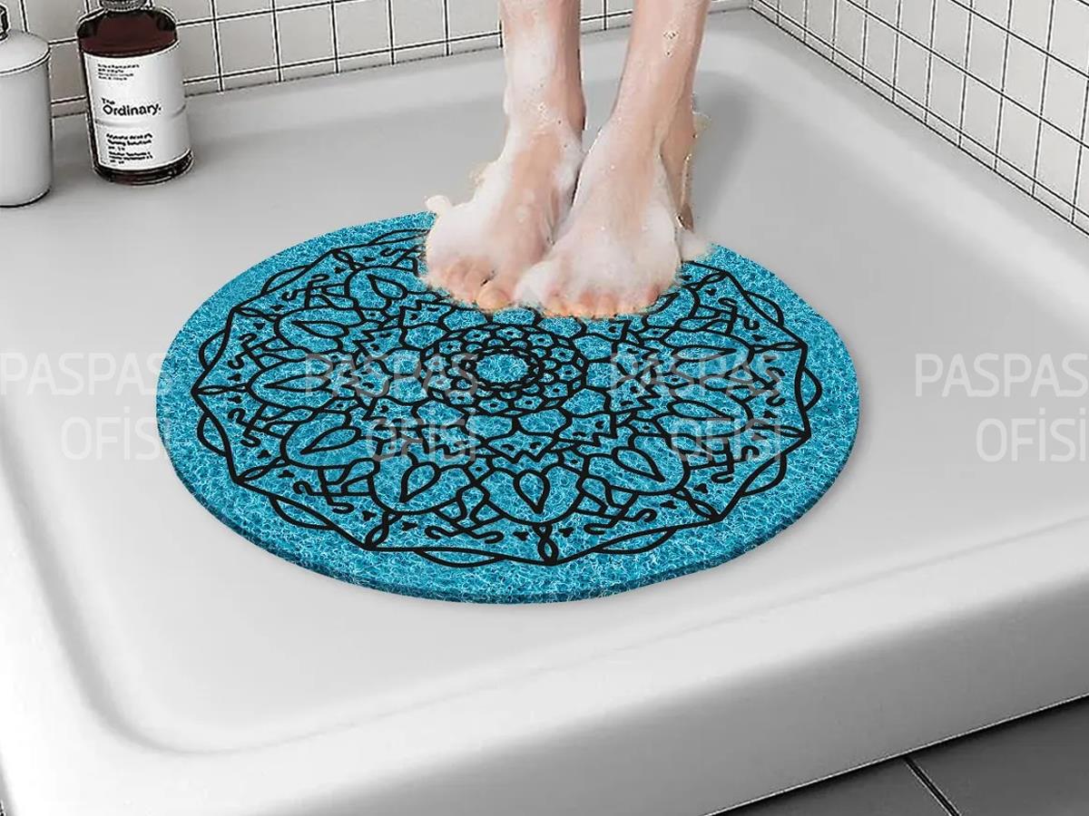 Yuvarlak Detaylı Desenli Kaymaz Banyo Paspası Su Emici Paspas Mavi
