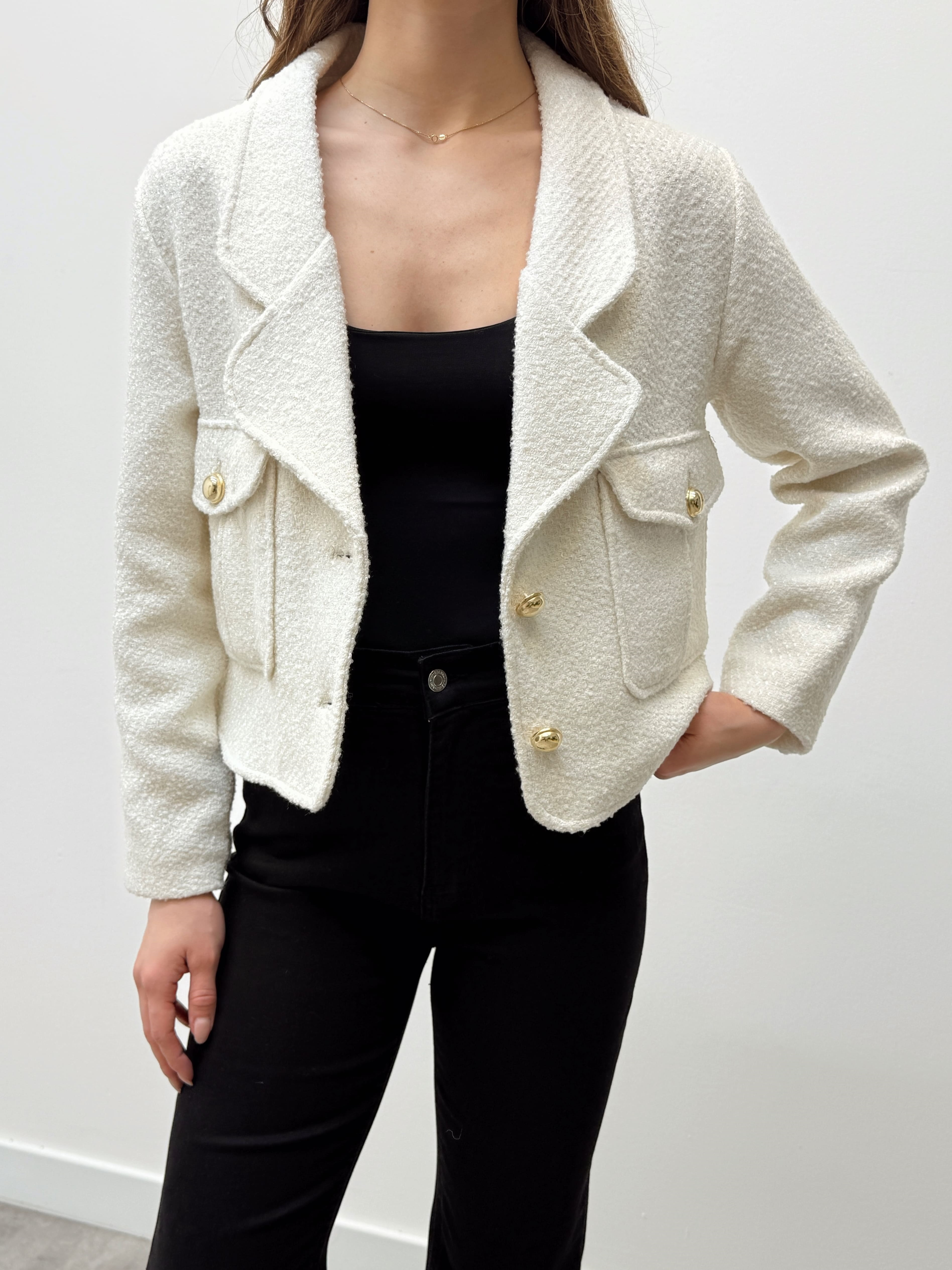 Ekru Yün Karışımlı Tüvit Ceket