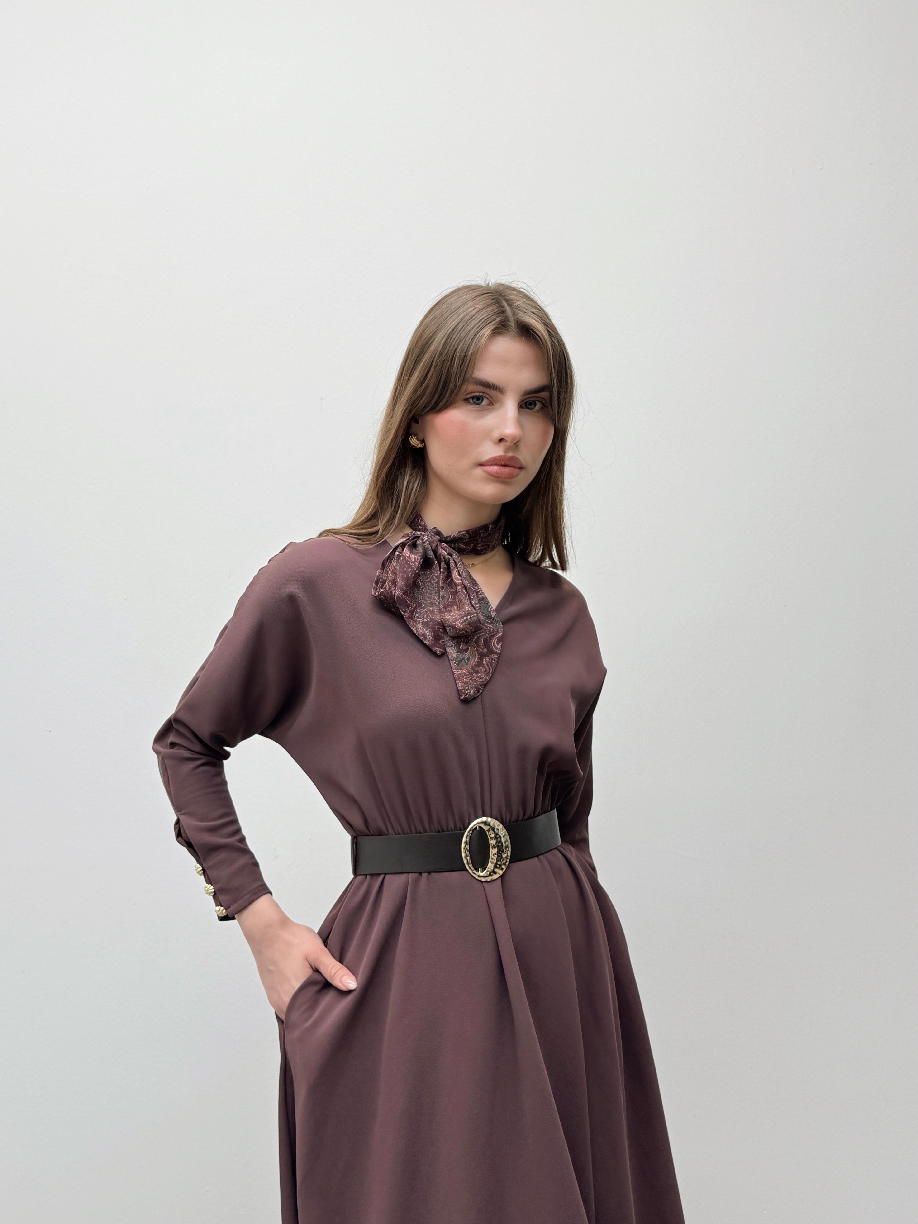 Elegance Fular Detay Kemerli Kahverengi Elbise