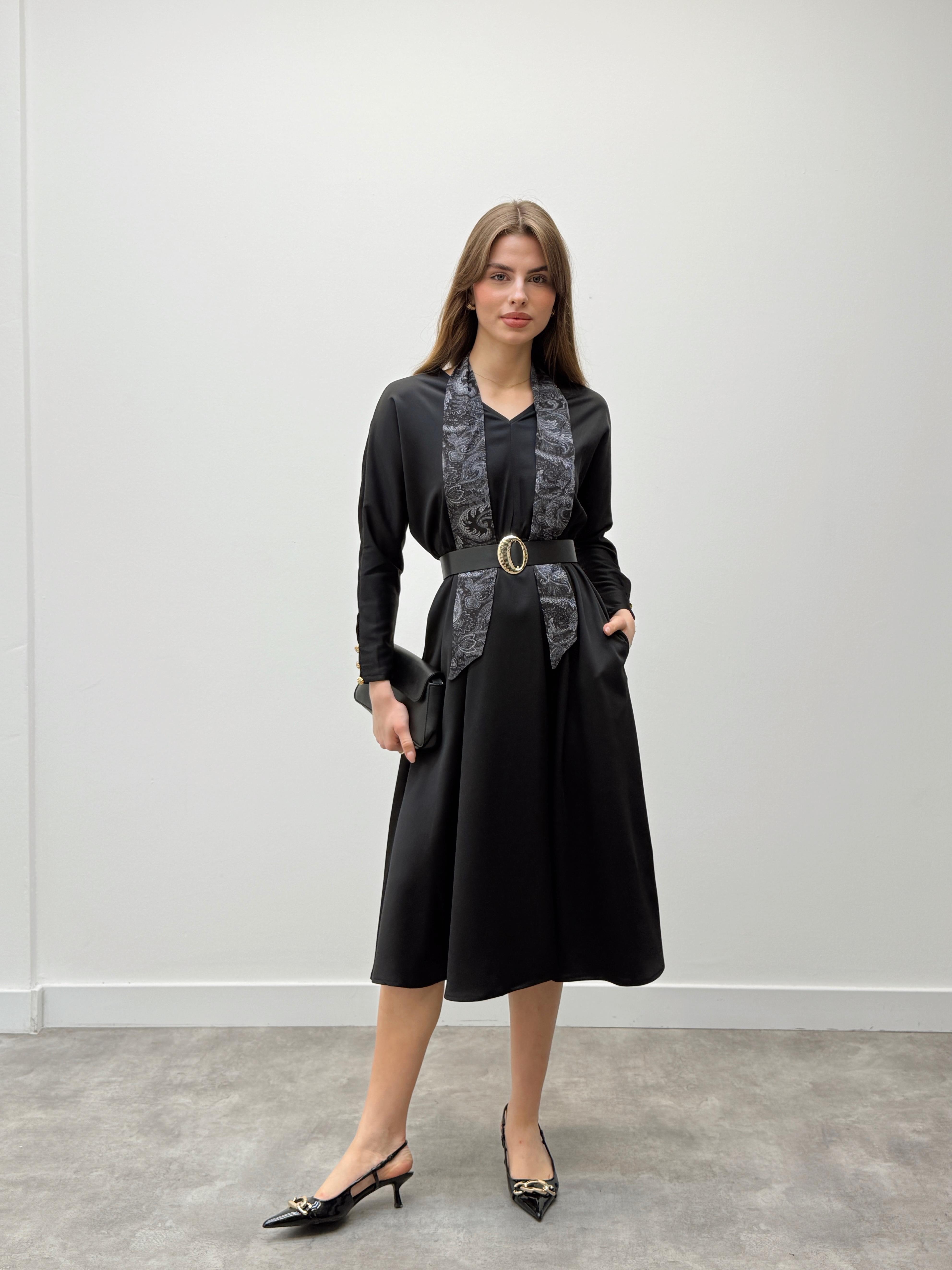 Elegance Fular Detay Kemerli Siyah Elbise