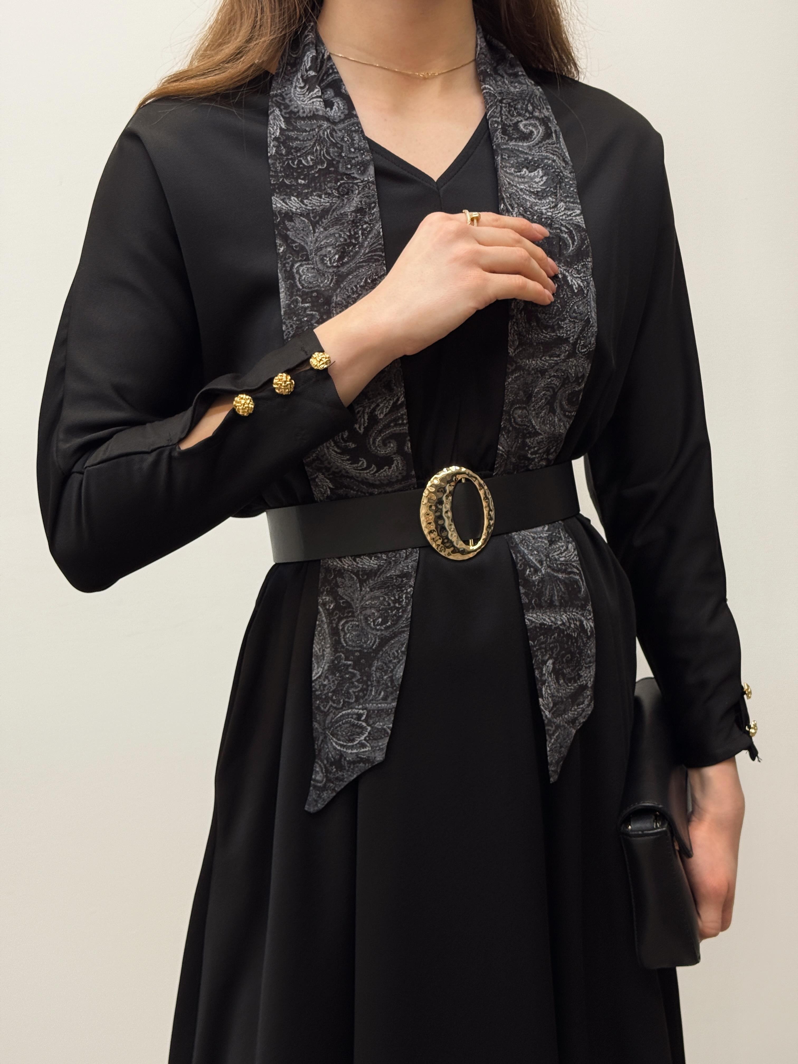 Elegance Fular Detay Kemerli Siyah Elbise