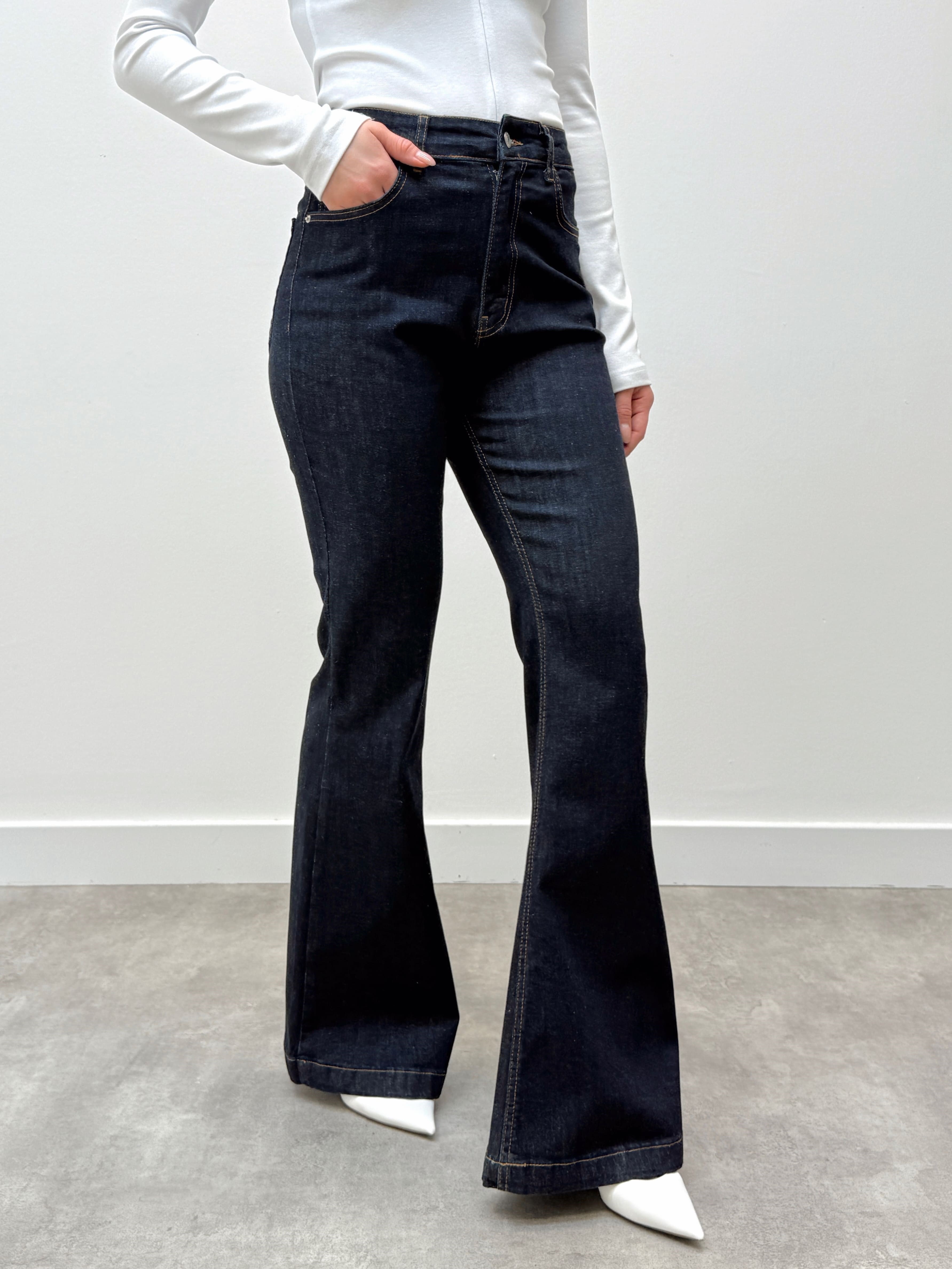 İspanyol Paça Yüksek Bel Koyu Mavi Pantolon