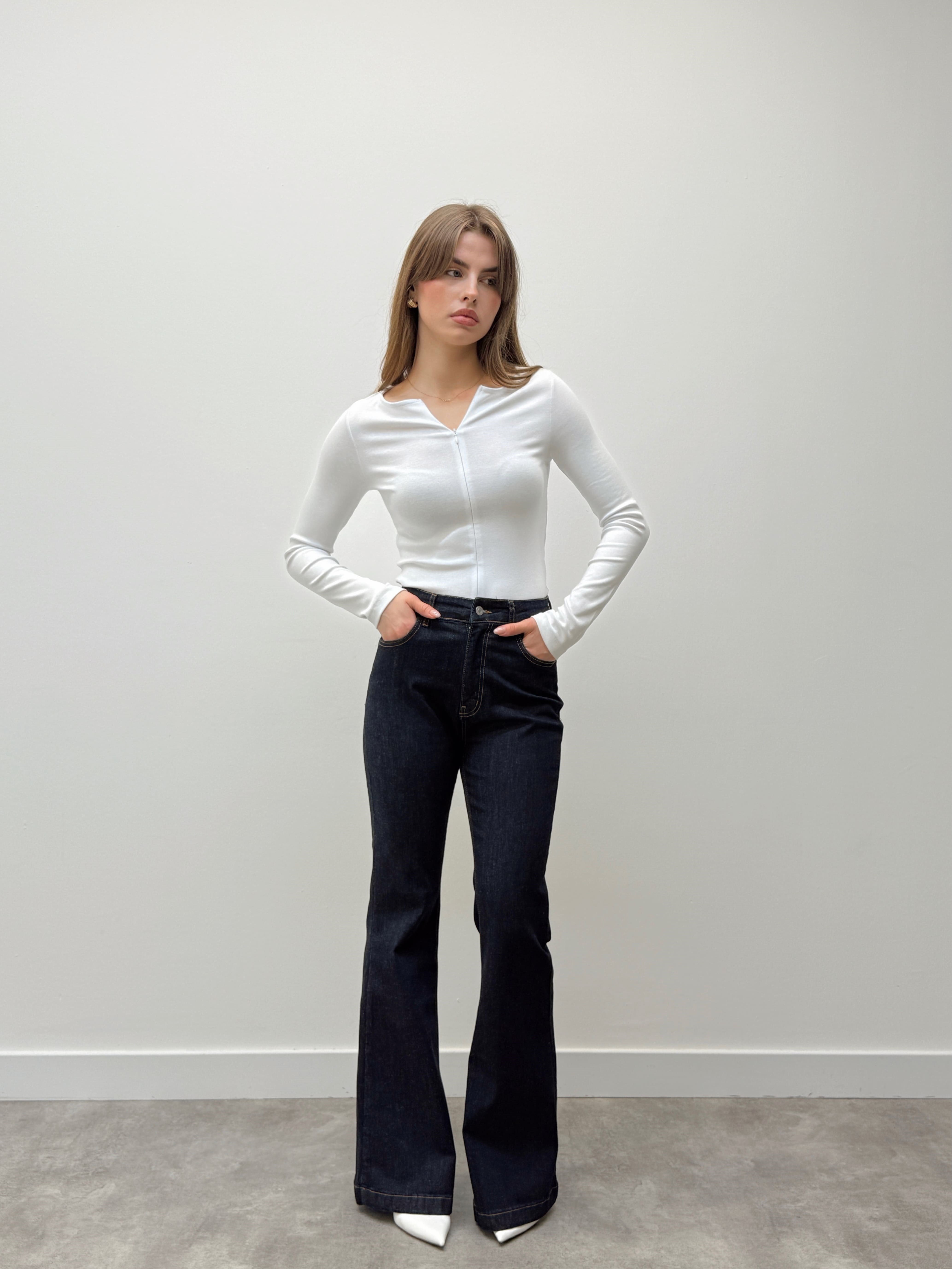 İspanyol Paça Yüksek Bel Koyu Mavi Pantolon