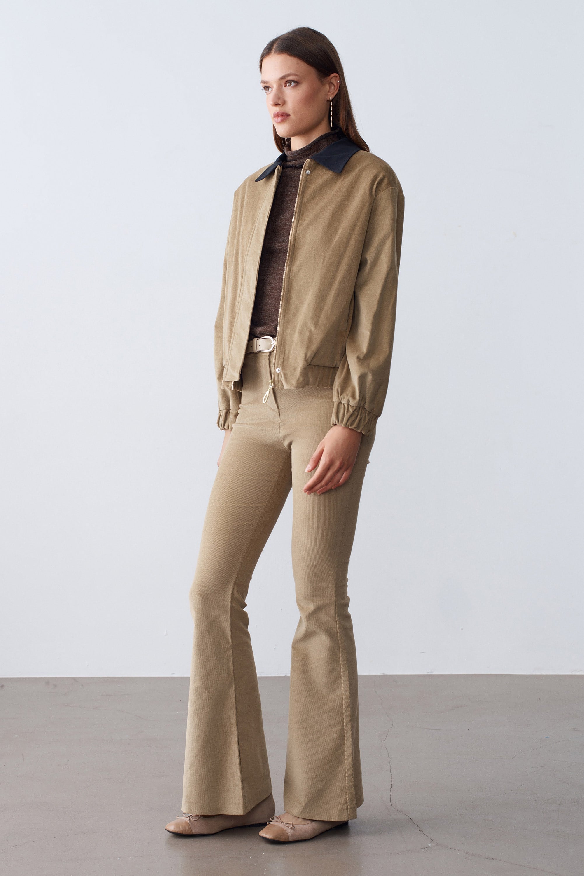 Kadife Bomber Fermuarlı Camel Ceket 