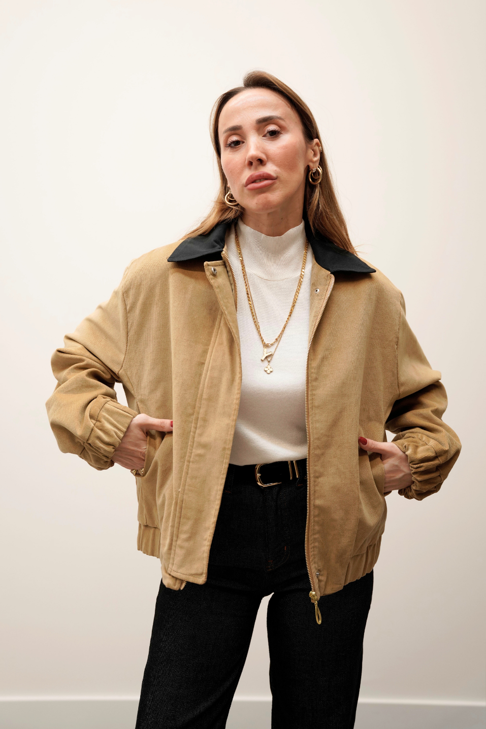 Kadife Bomber Fermuarlı Camel Ceket 