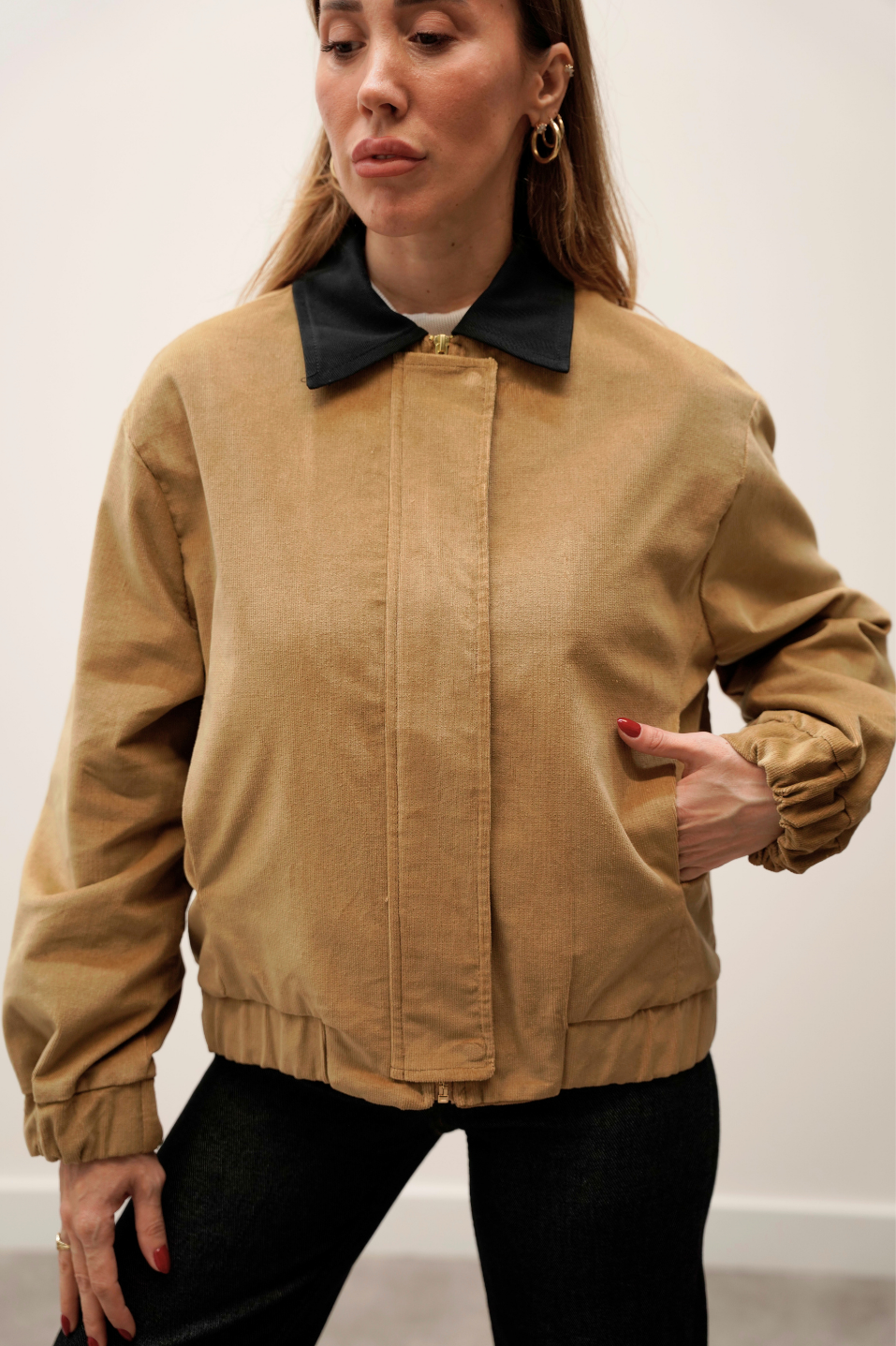 Kadife Bomber Fermuarlı Camel Ceket 