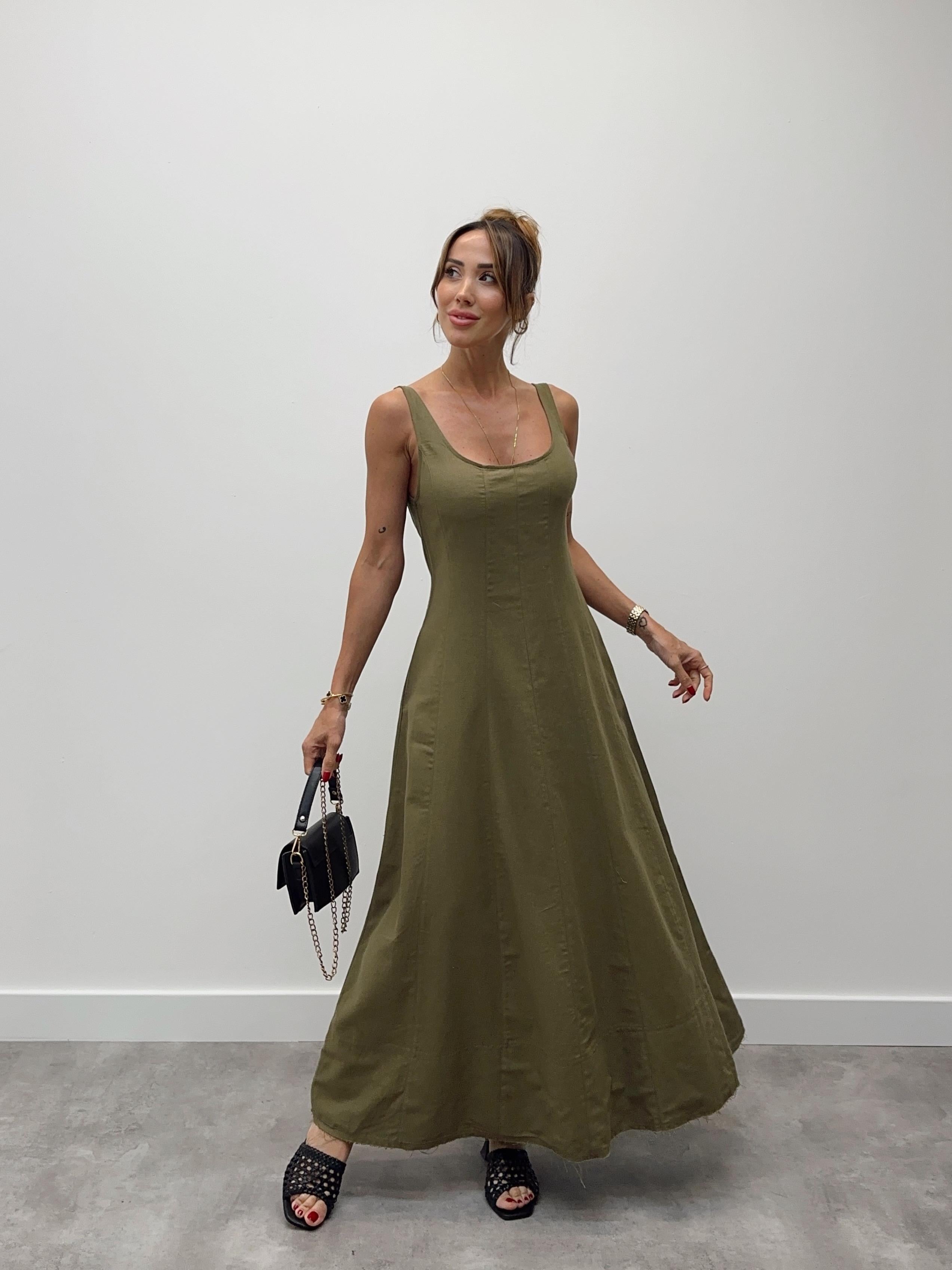 Kadın Askılı Cepli Haki Keten Elbise