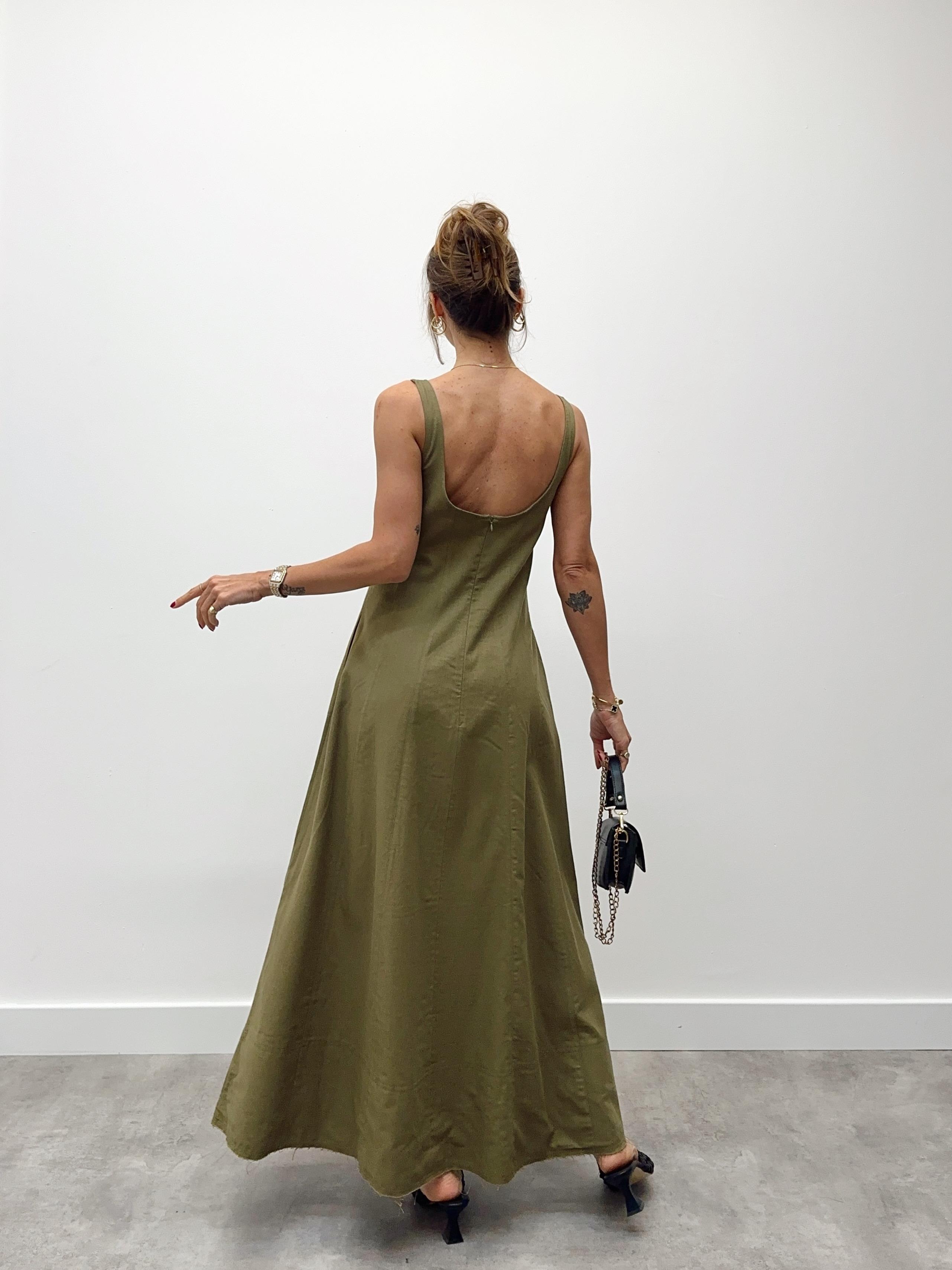 Kadın Askılı Cepli Haki Keten Elbise