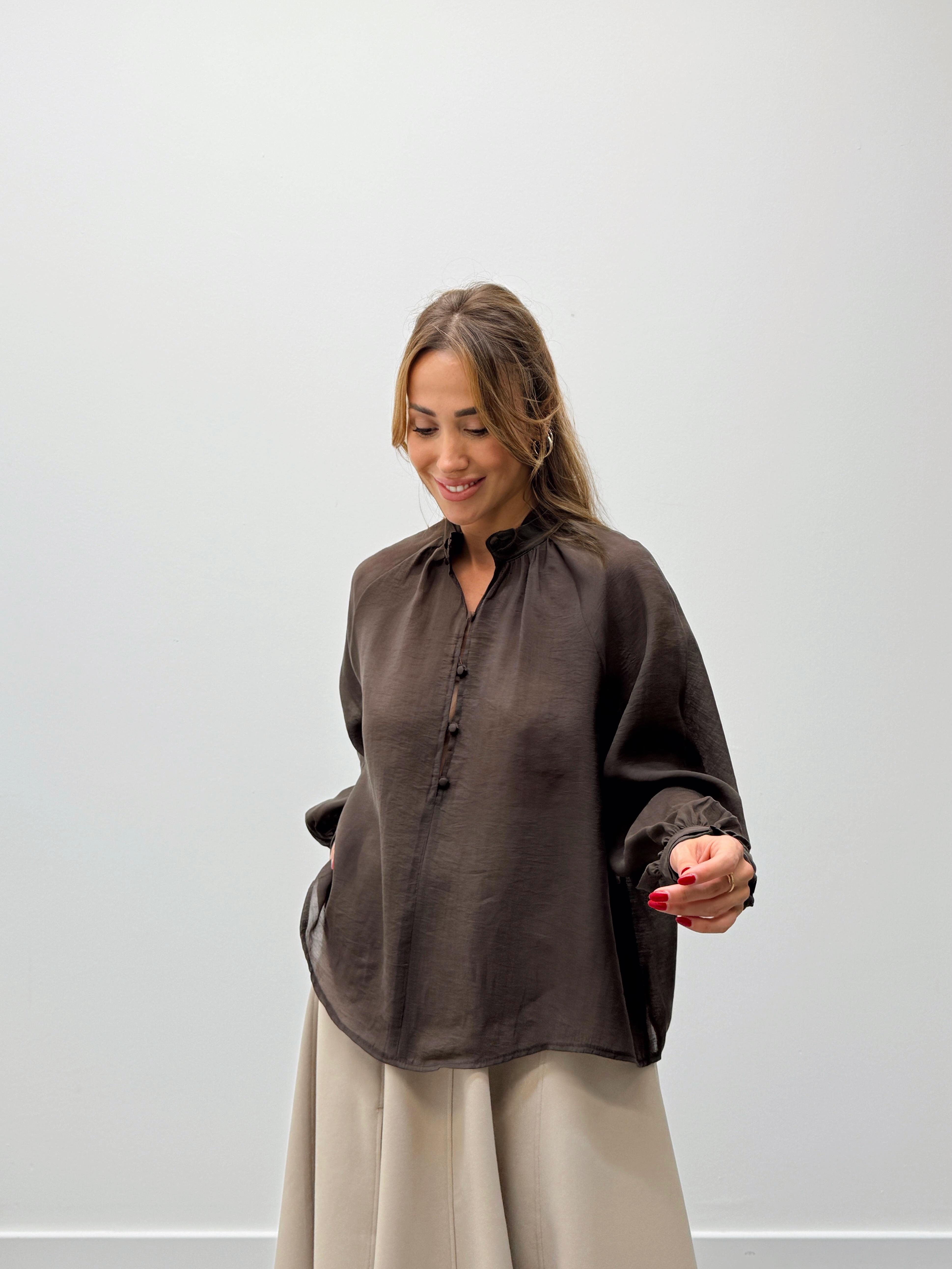 Kadın Balon Kol Düğmeli Şifon Kahve Bluz