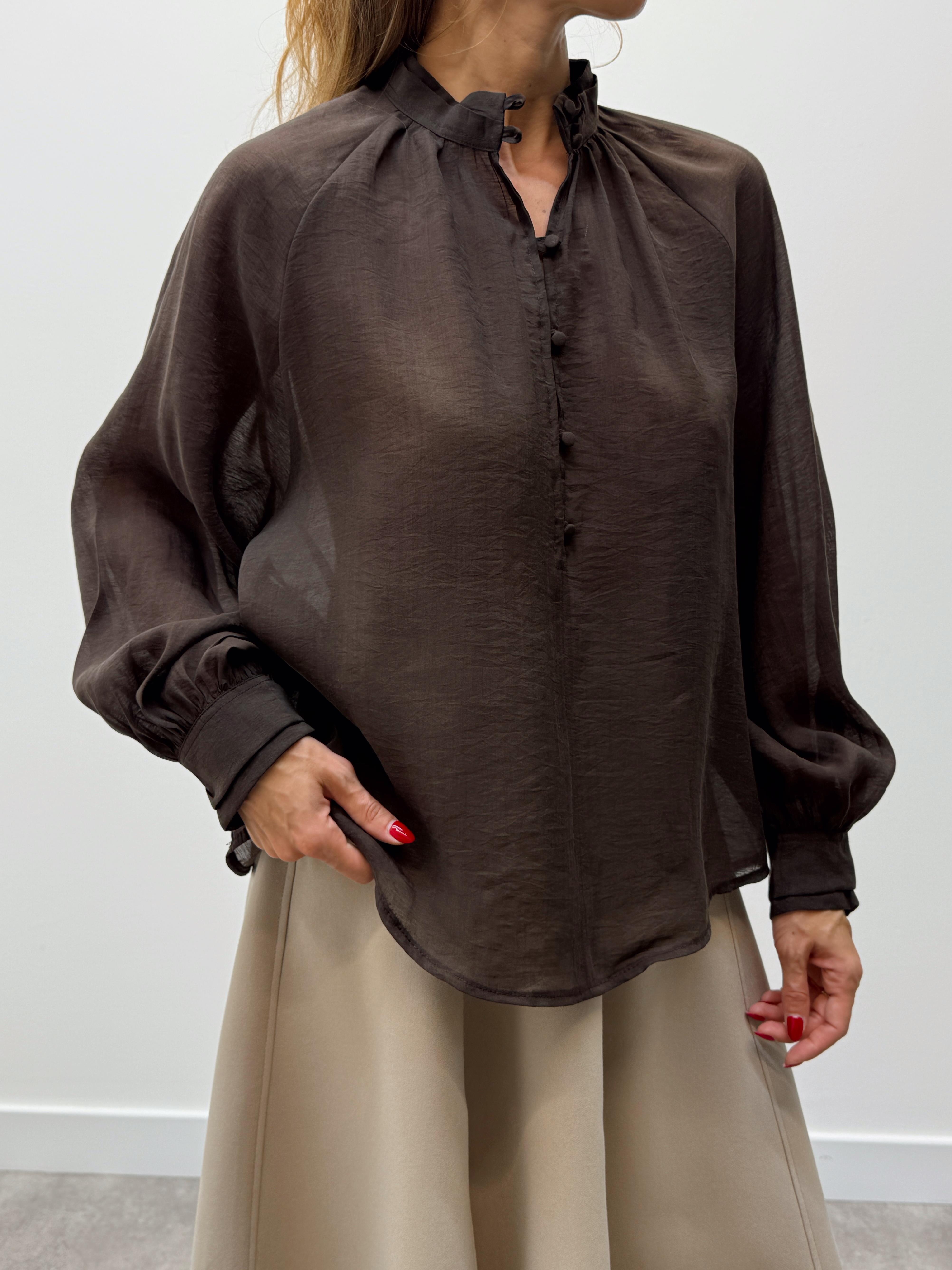 Kadın Balon Kol Düğmeli Şifon Kahve Bluz