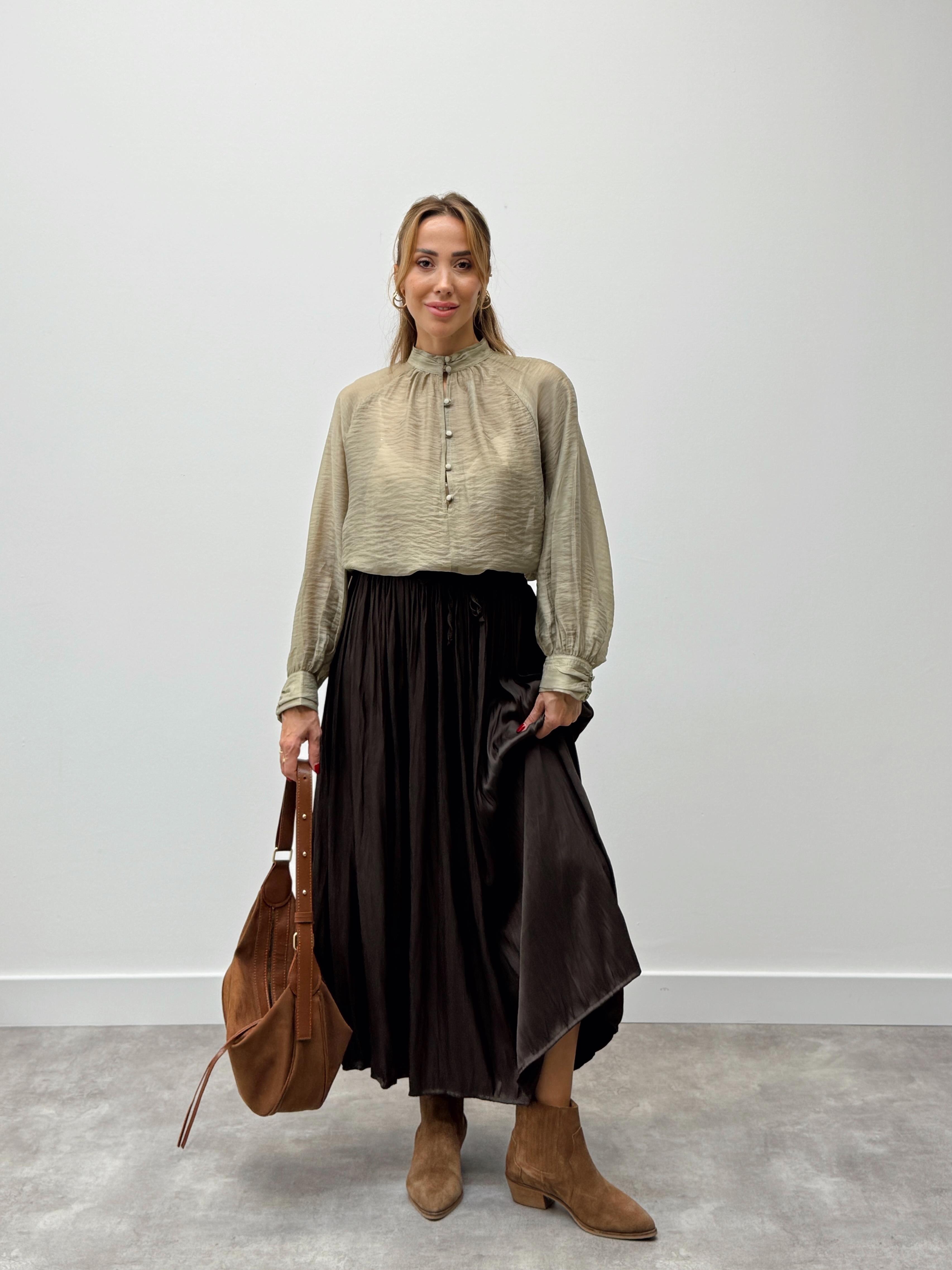 Kadın Balon Kol Düğmeli Şifon Yeşil Bluz