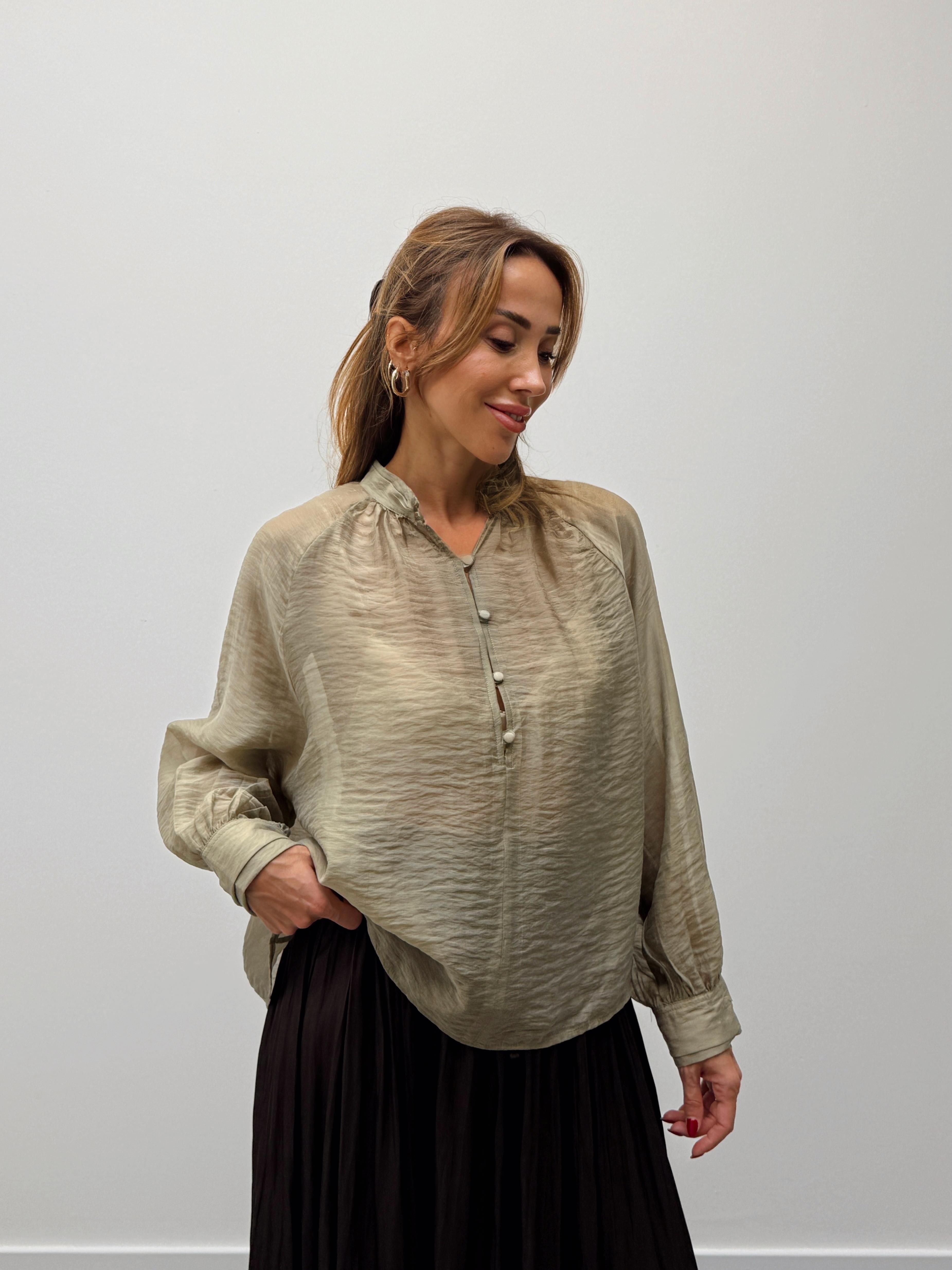 Kadın Balon Kol Düğmeli Şifon Yeşil Bluz