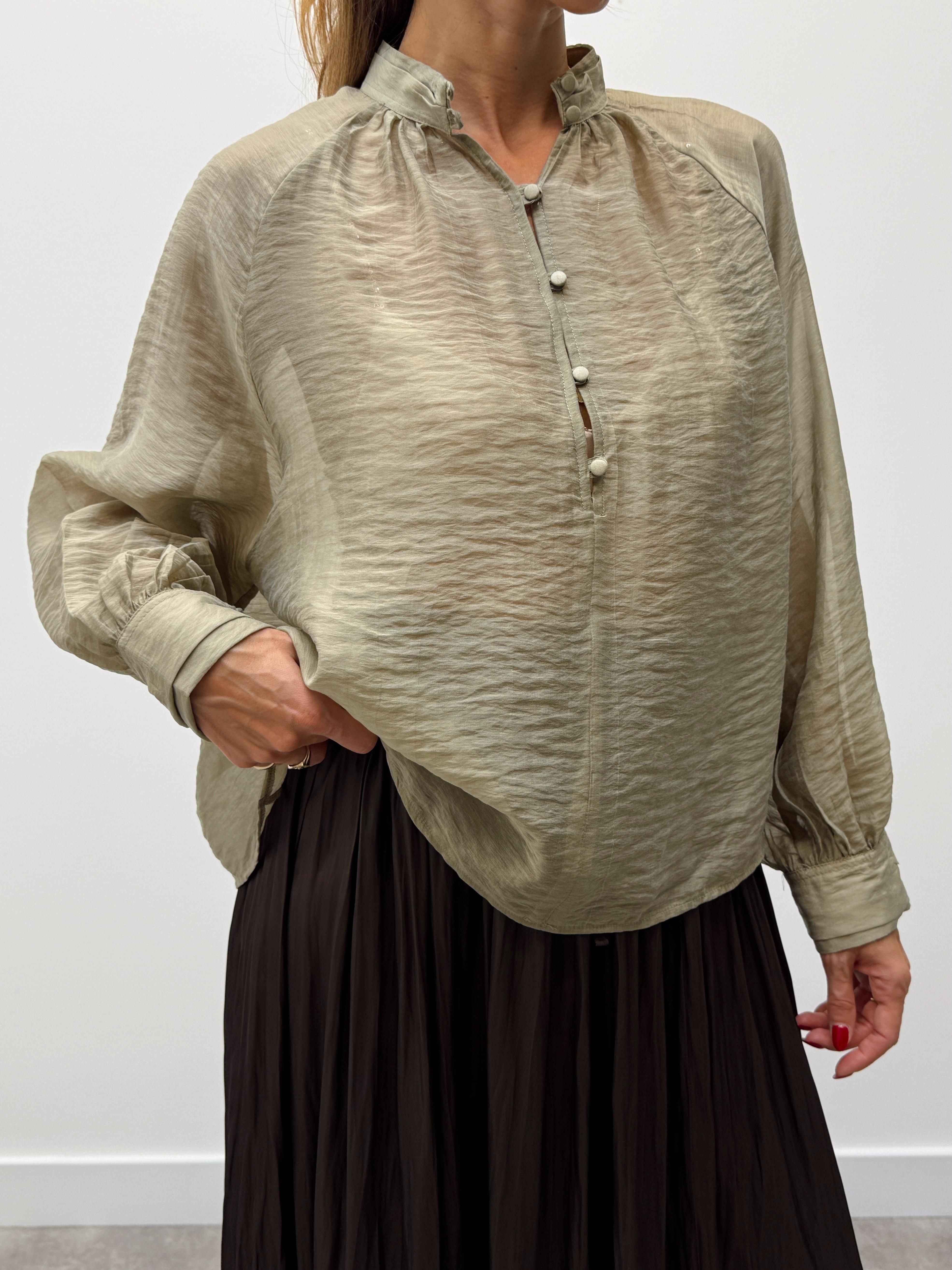 Kadın Balon Kol Düğmeli Şifon Yeşil Bluz