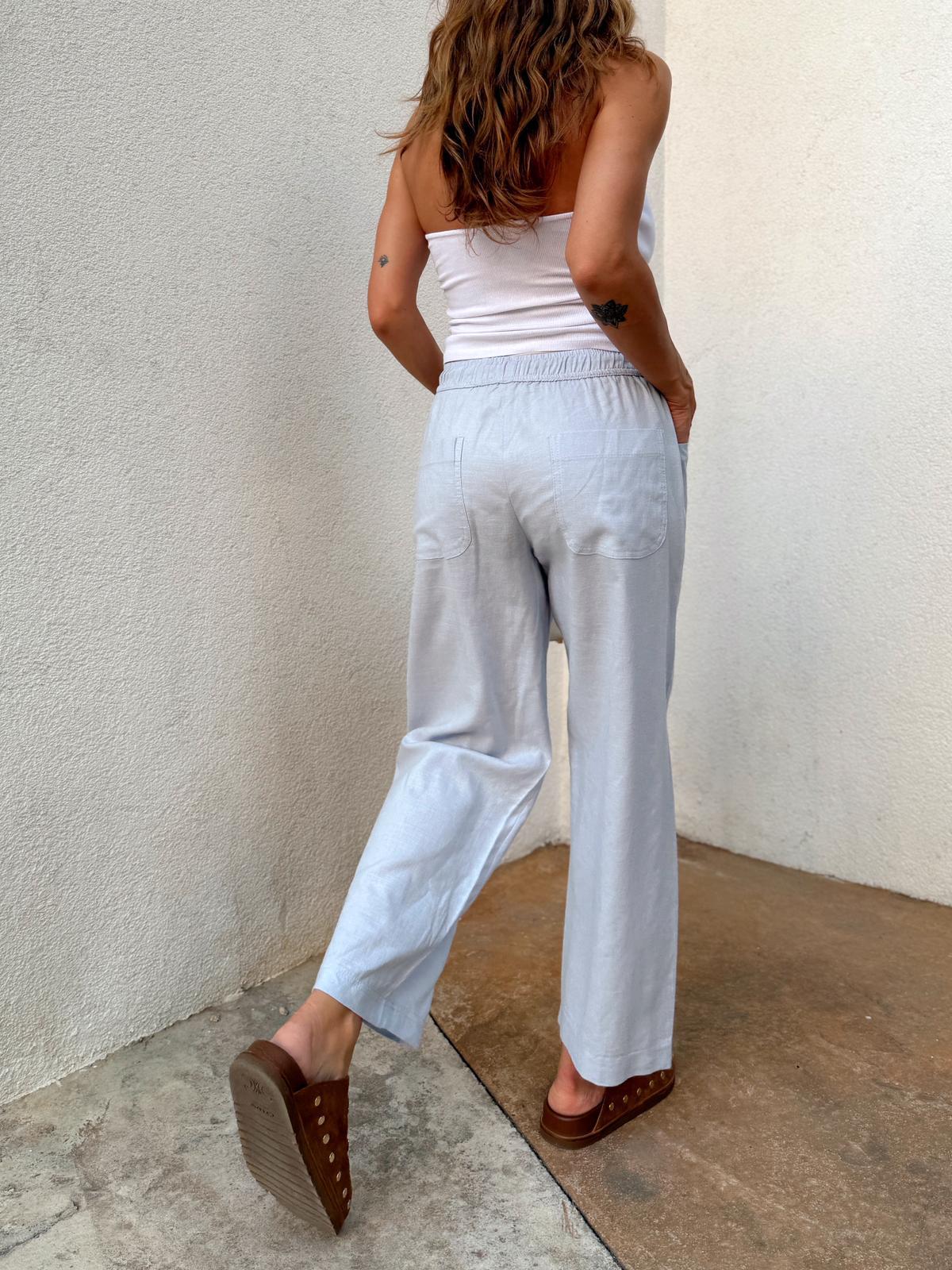 Kadın Bel Lastikli Ege Bebe Mavi Oversize Keten Pantolon