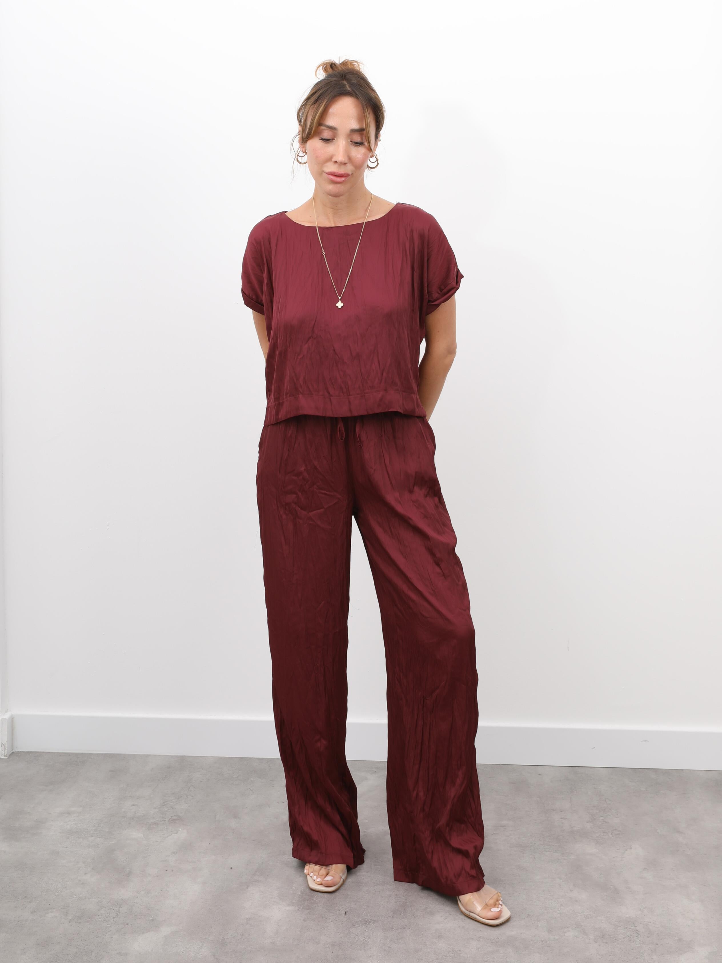 Kadın Crush Kumaş Bluz Pantolon Bordo Takım