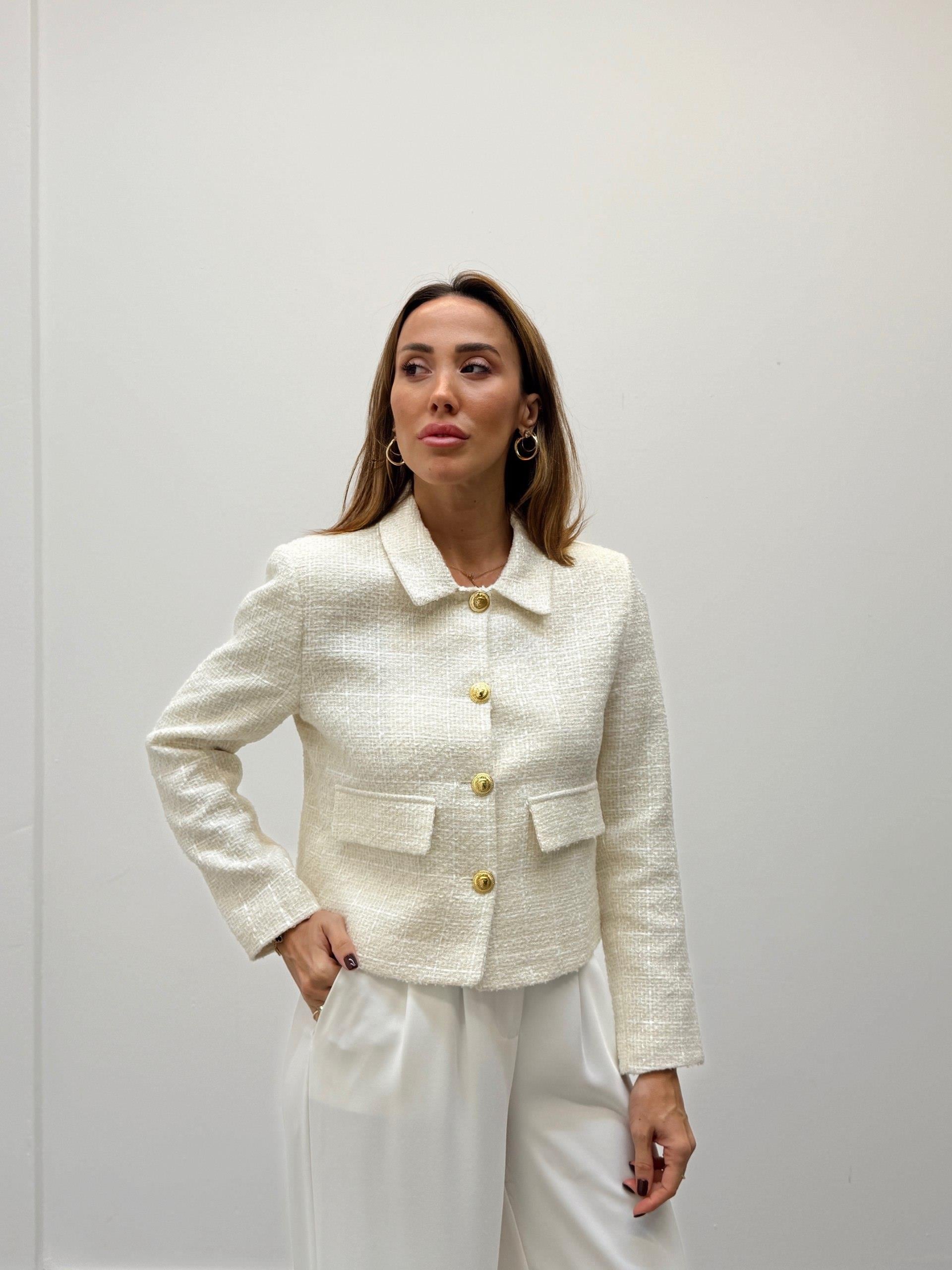 Kadın Dore Düğmeli Blazer Beyaz Tüvit  Ceket