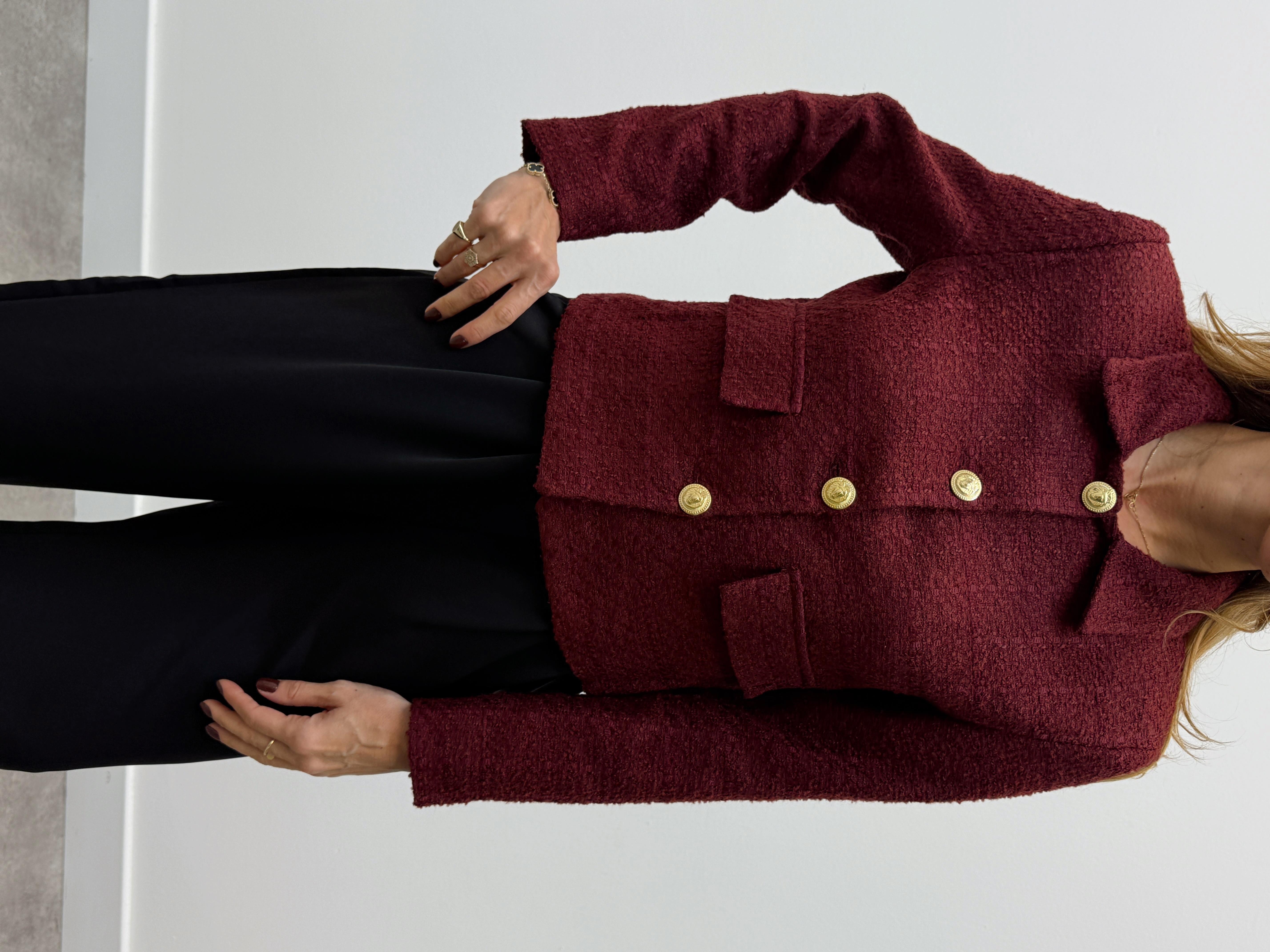 Kadın Dore Düğmeli Blazer Bordo Tüvit  Ceket