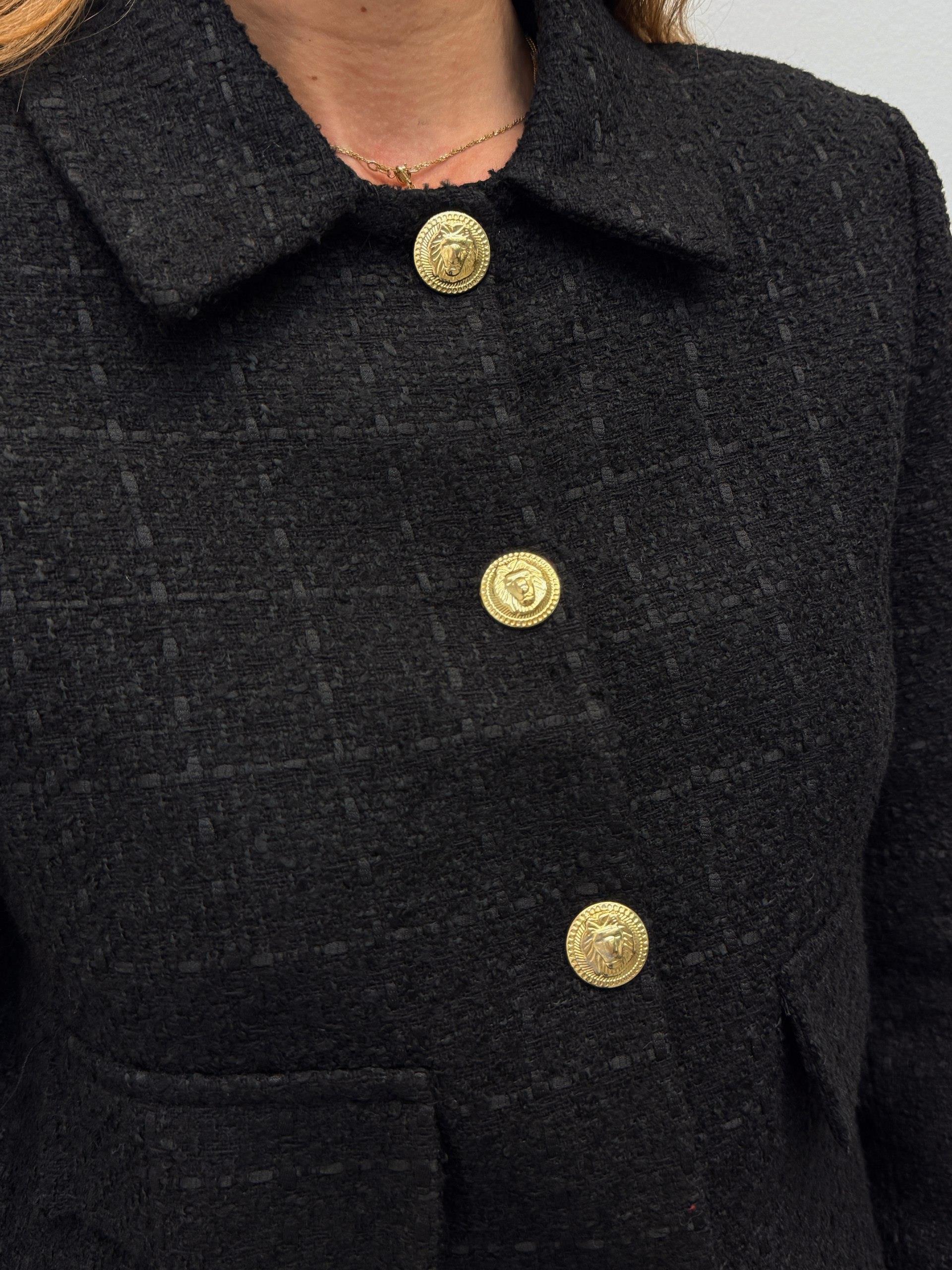 Kadın Dore Düğmeli Blazer Siyah Tüvit Ceket