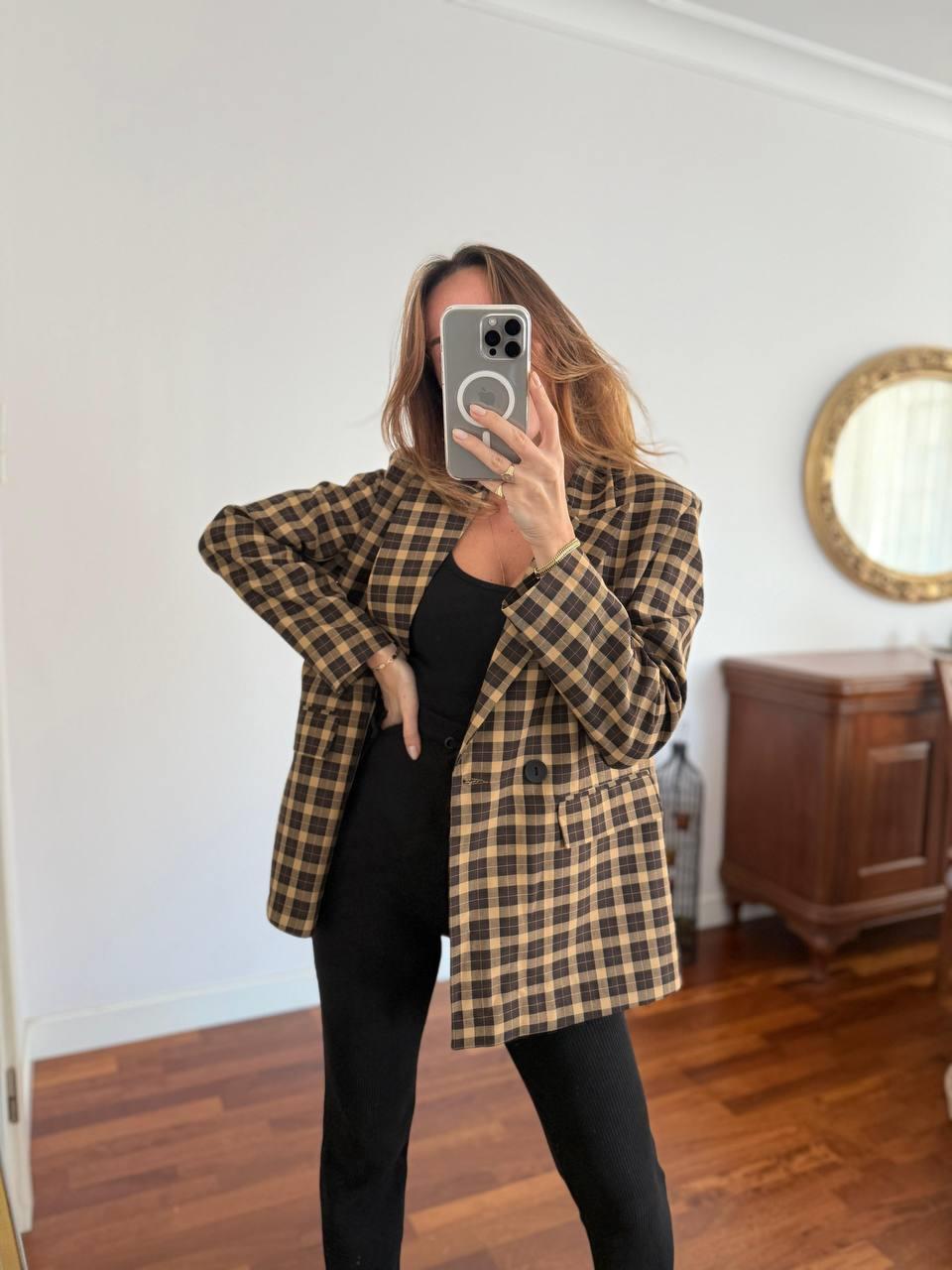 Kadın Double Kumaş Astarlı Vintage Kareli Blazer Ceket