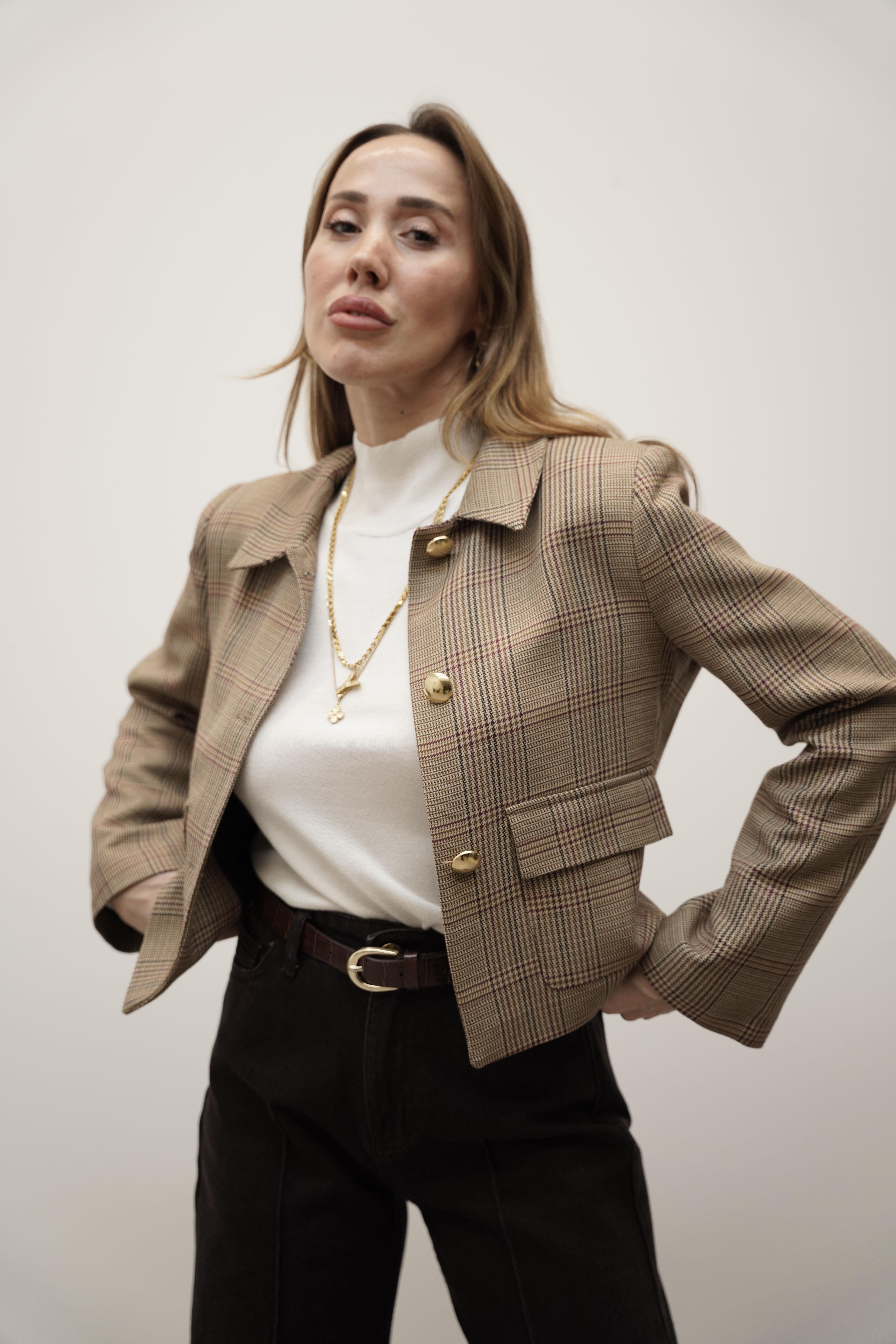 Kadın Kazayağı  Desenli Blazer Ceket