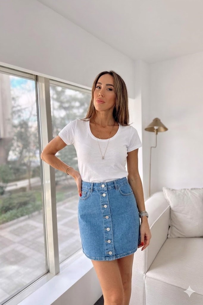 Kadın Düğmeli Mini Açık Mavi Kot  Etek