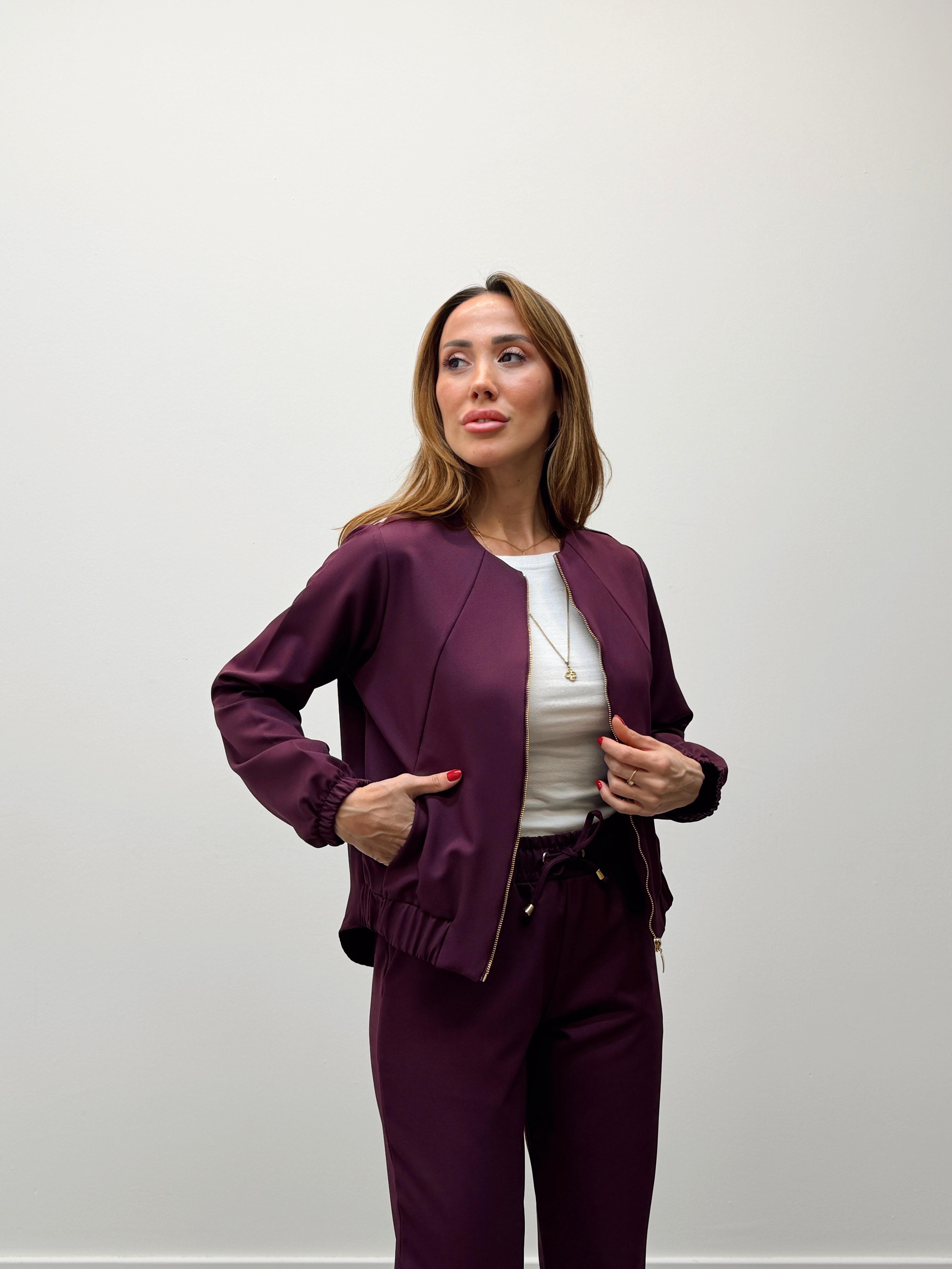 Kadın Fermuarlı Ceket Pantolon Alt-Üst Mürdüm Takım