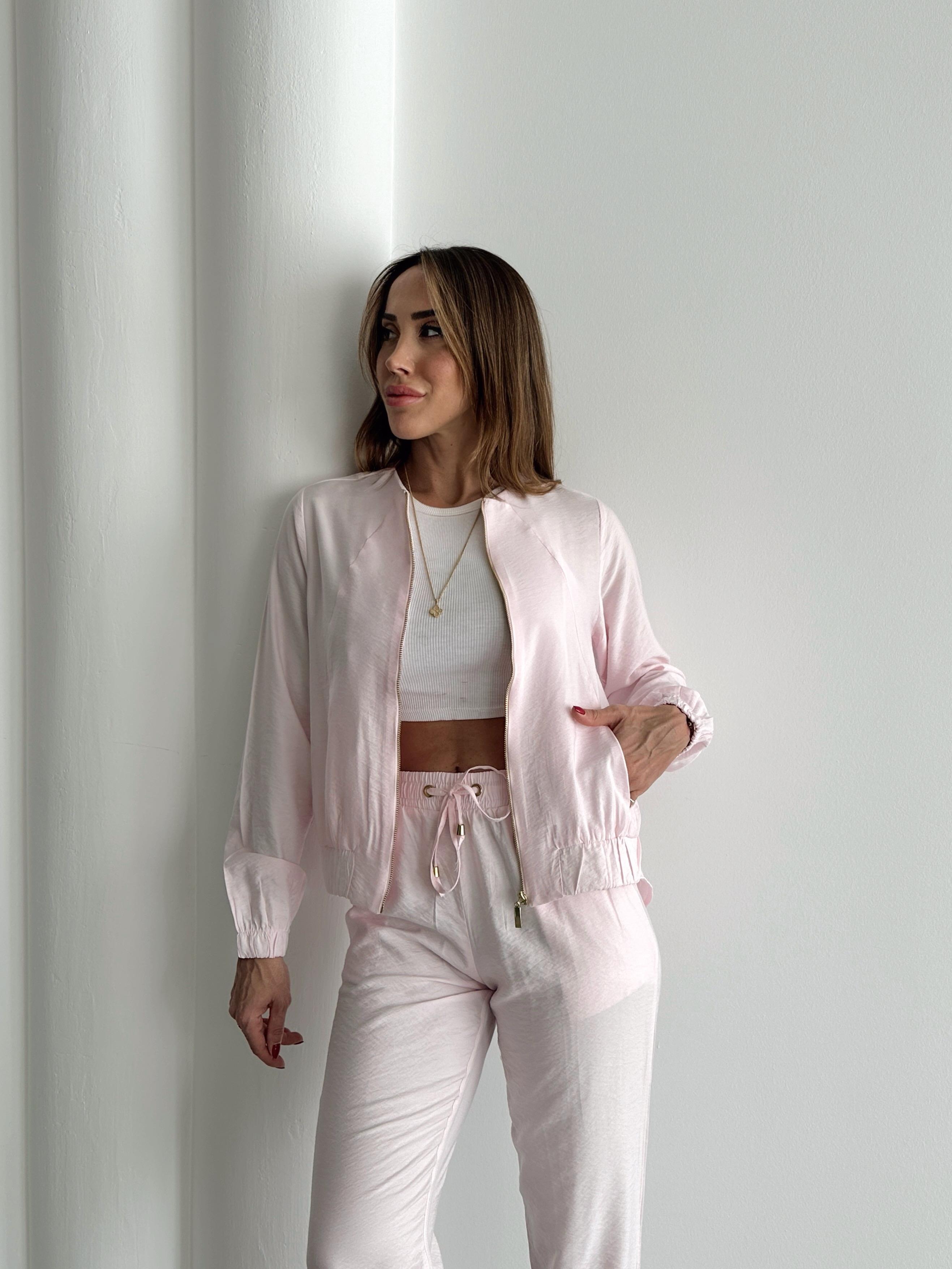 Kadın Fermuarlı Ceket Pantolon Alt-Üst Pembe Takım