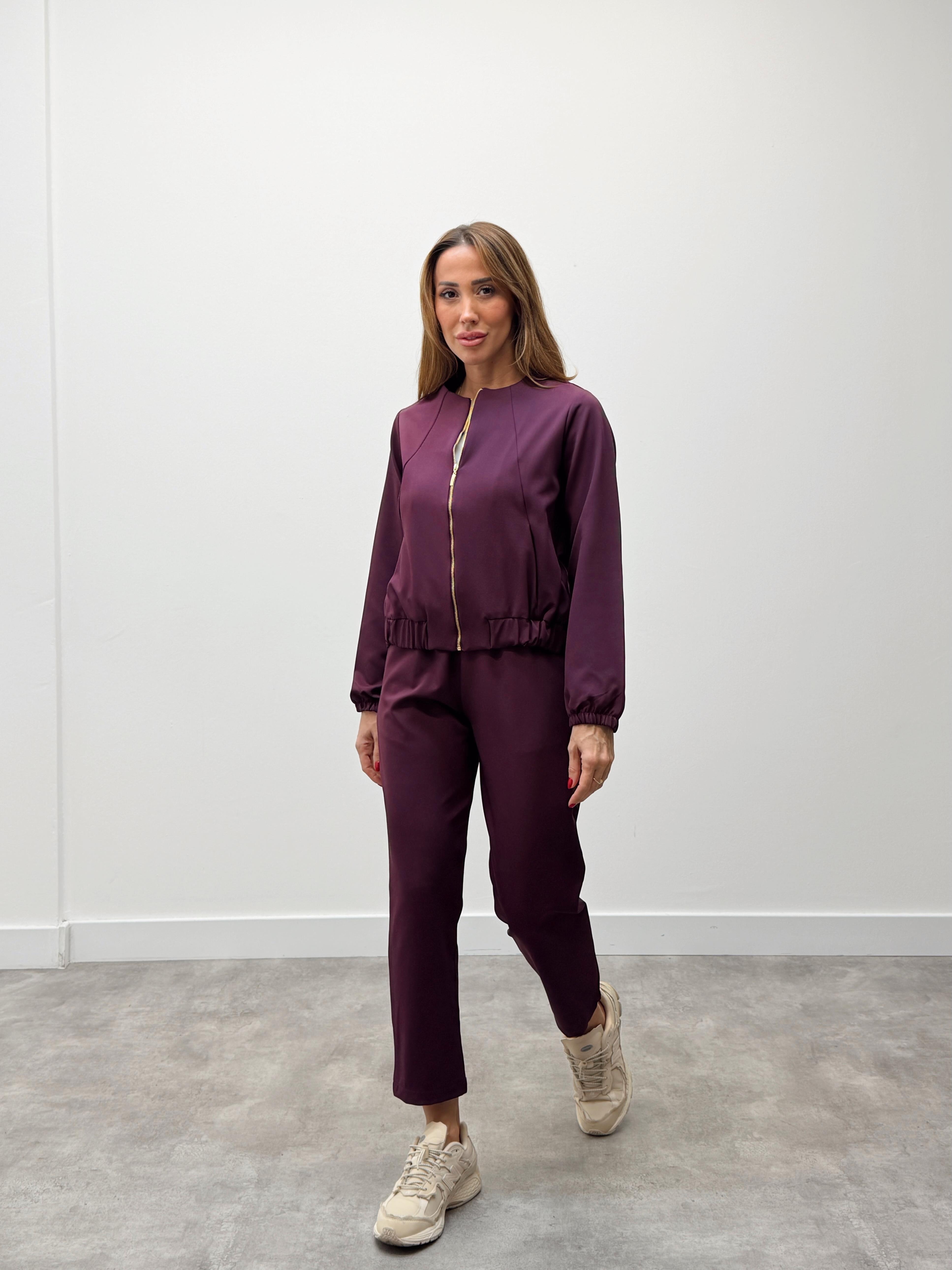 Kadın Fermuarlı Ceket Pantolon Alt-Üst Mürdüm Takım