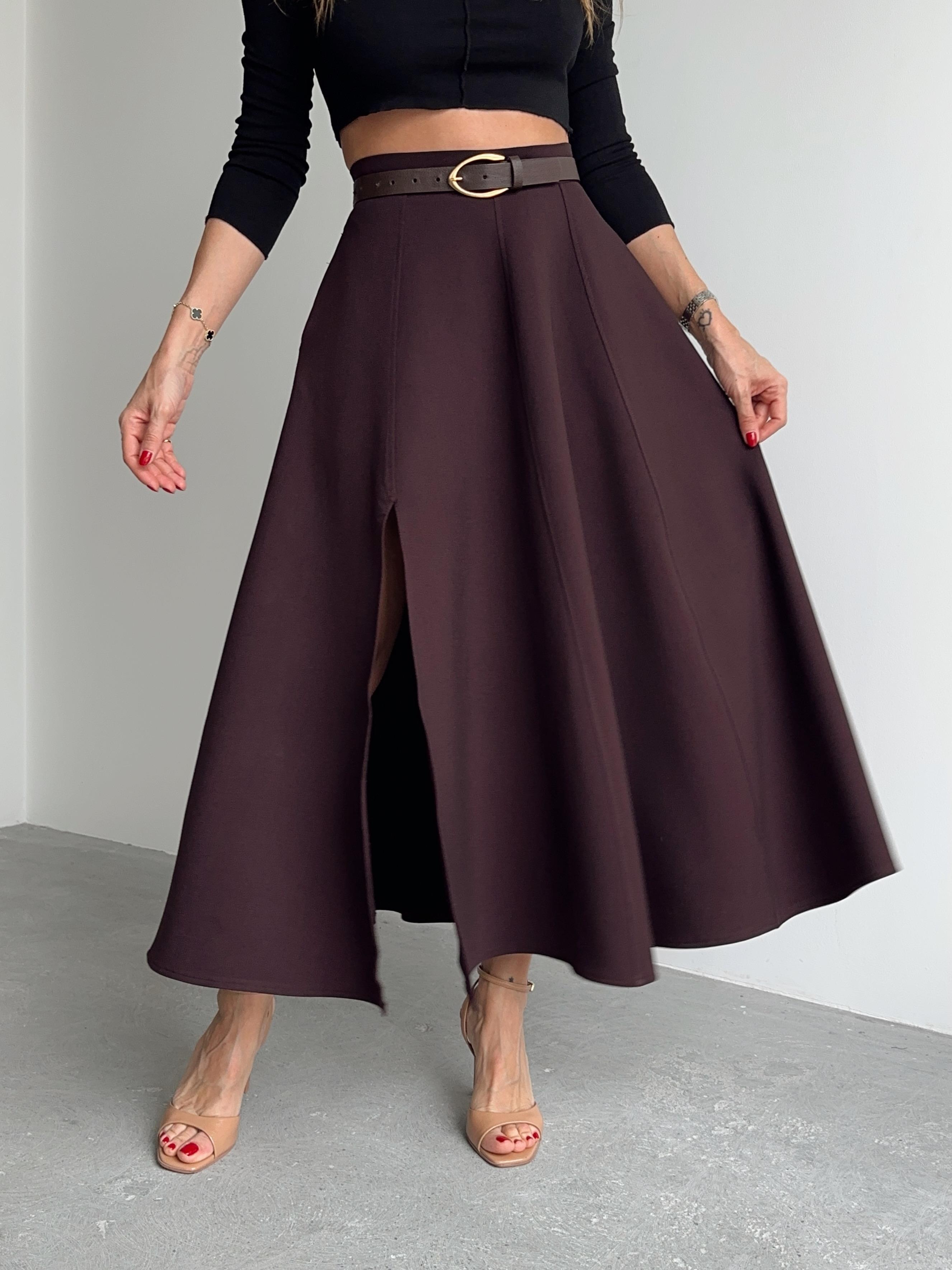 Kadın Fermuarlı Yırtmaçlı Godeli Mürdüm Etek