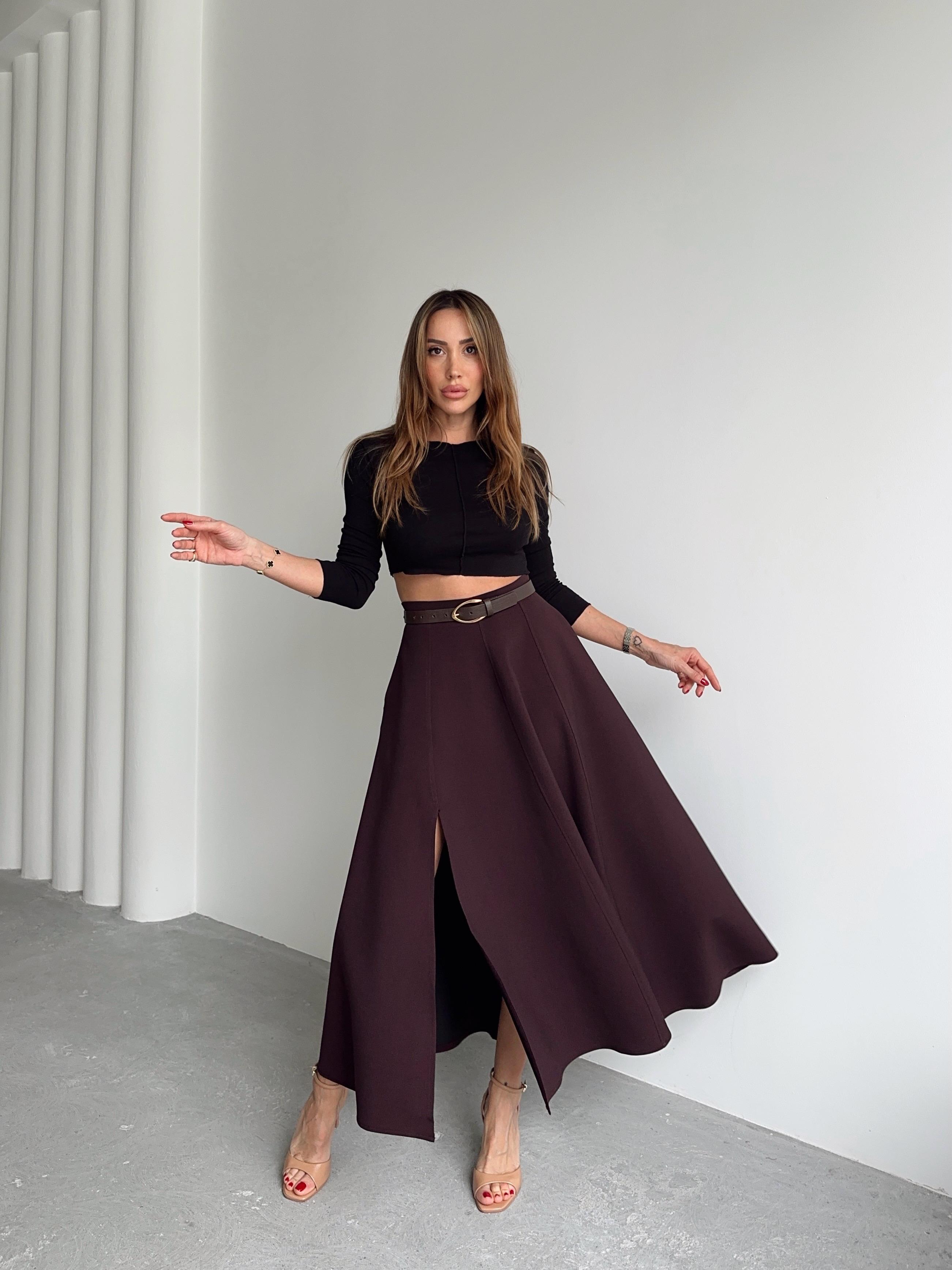 Kadın Fermuarlı Yırtmaçlı Godeli Mürdüm Etek