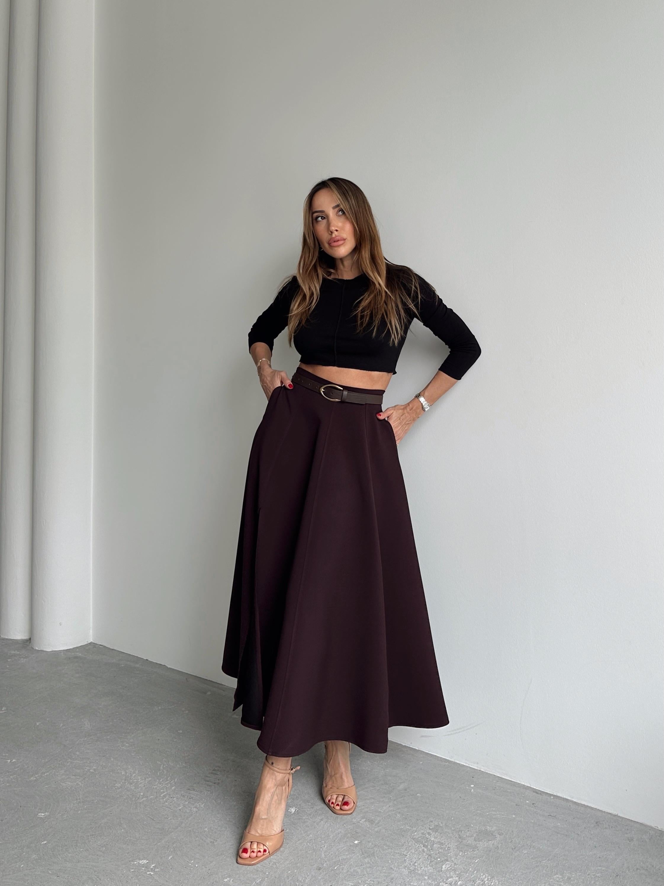 Kadın Fermuarlı Yırtmaçlı Godeli Mürdüm Etek