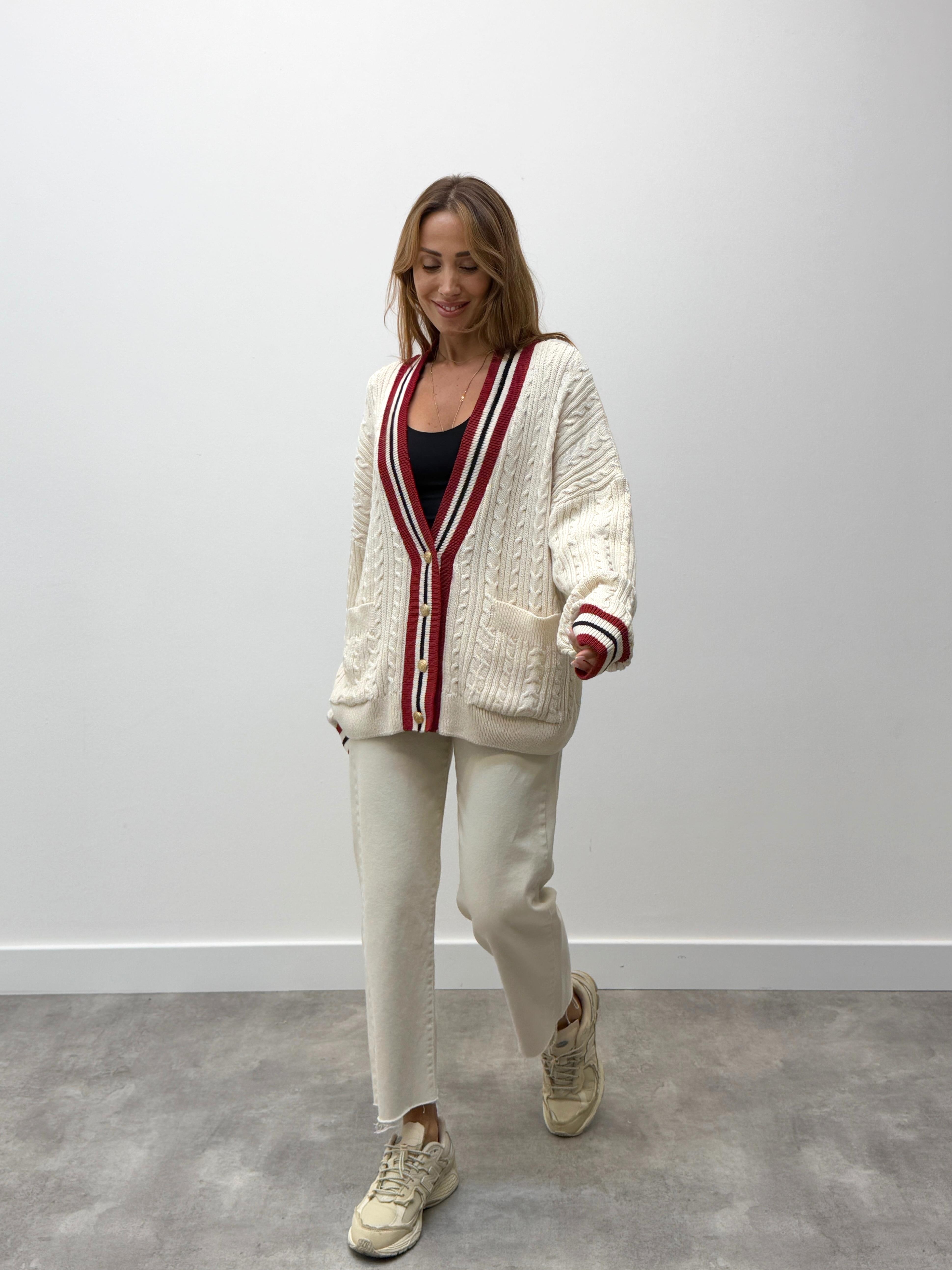 Kadın Kırmızı Şeritli Oversıze Örme Hırka