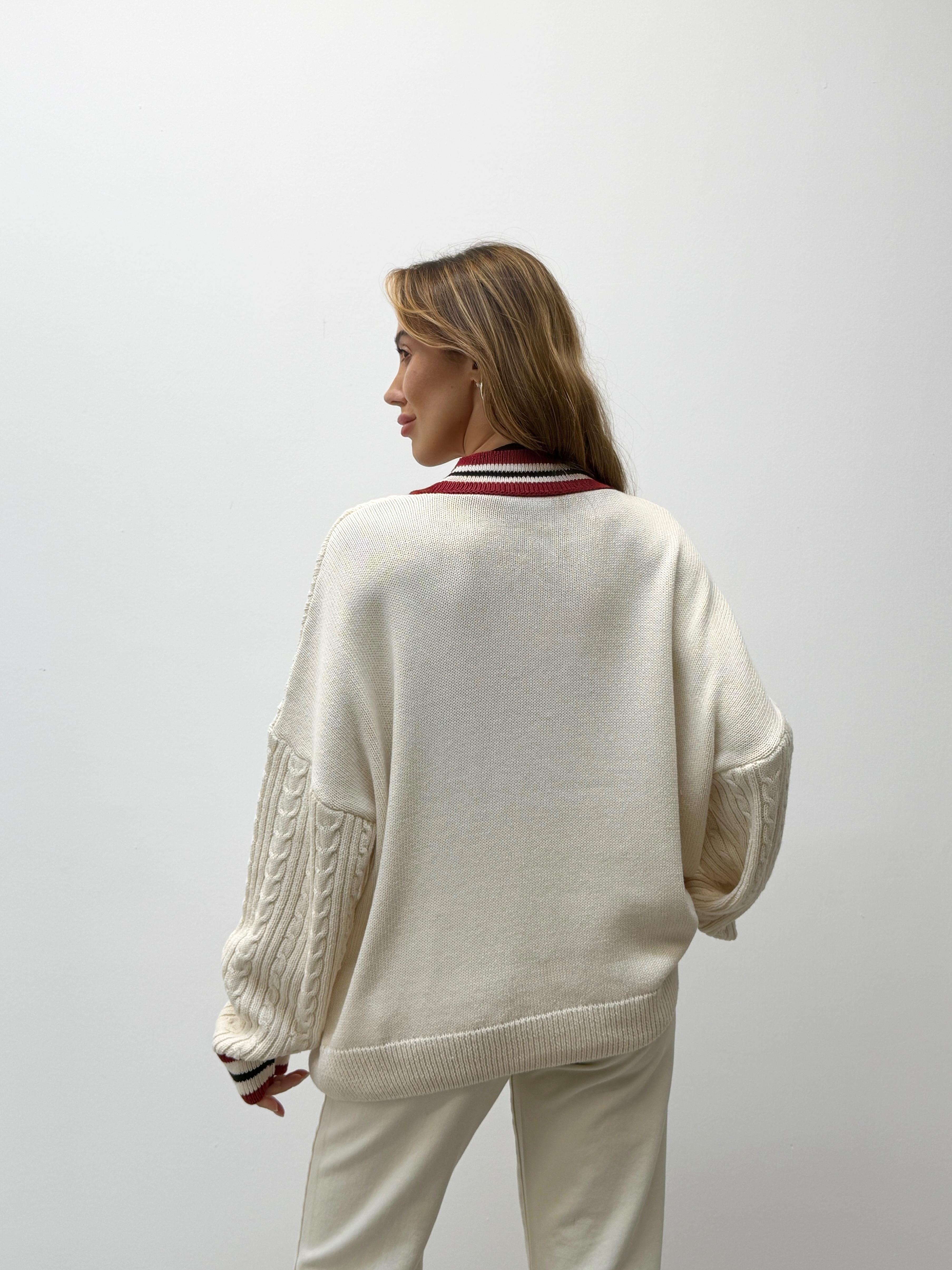 Kadın Kırmızı Şeritli Oversıze Örme Hırka