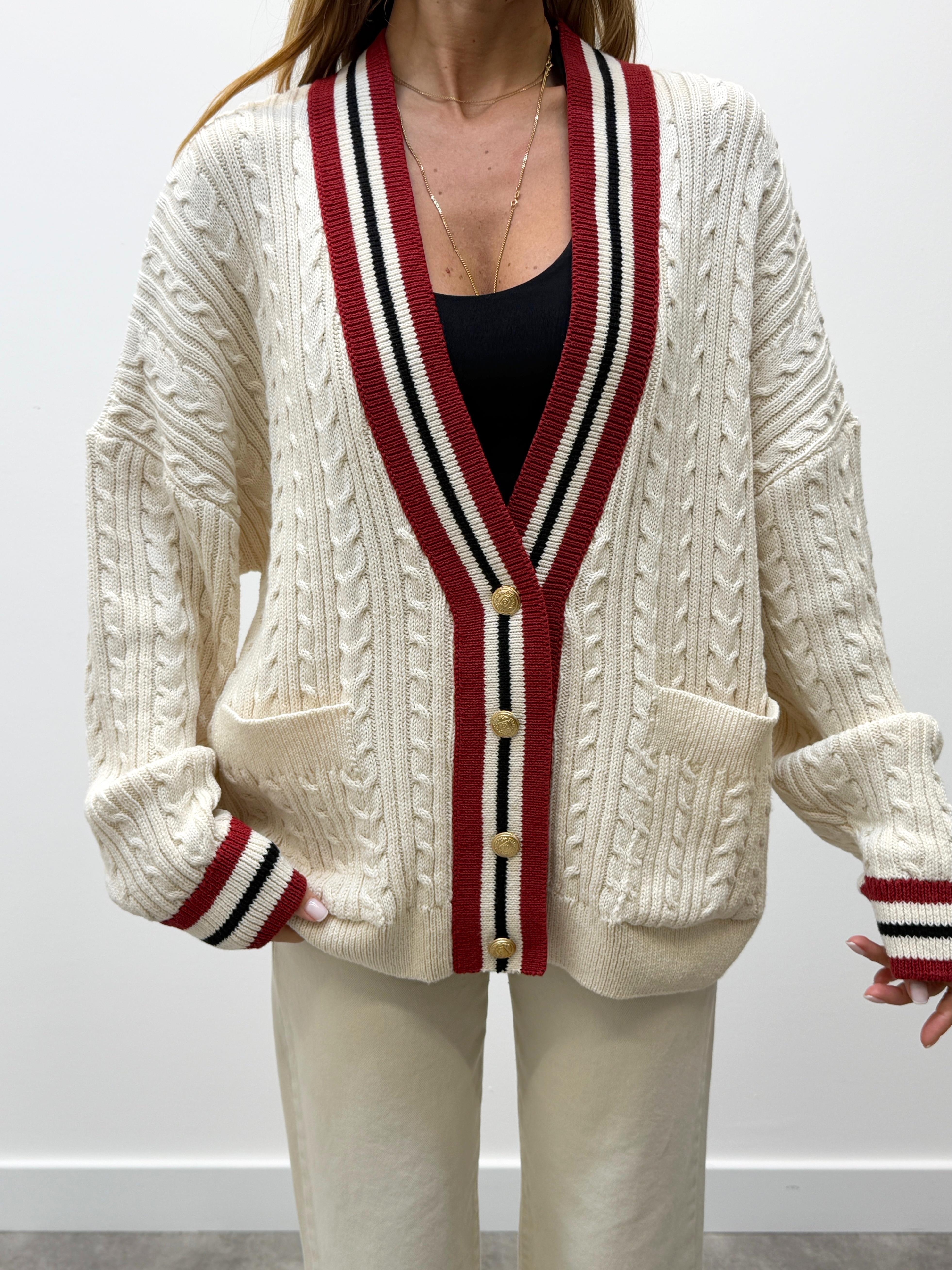 Kadın Kırmızı Şeritli Oversıze Örme Hırka