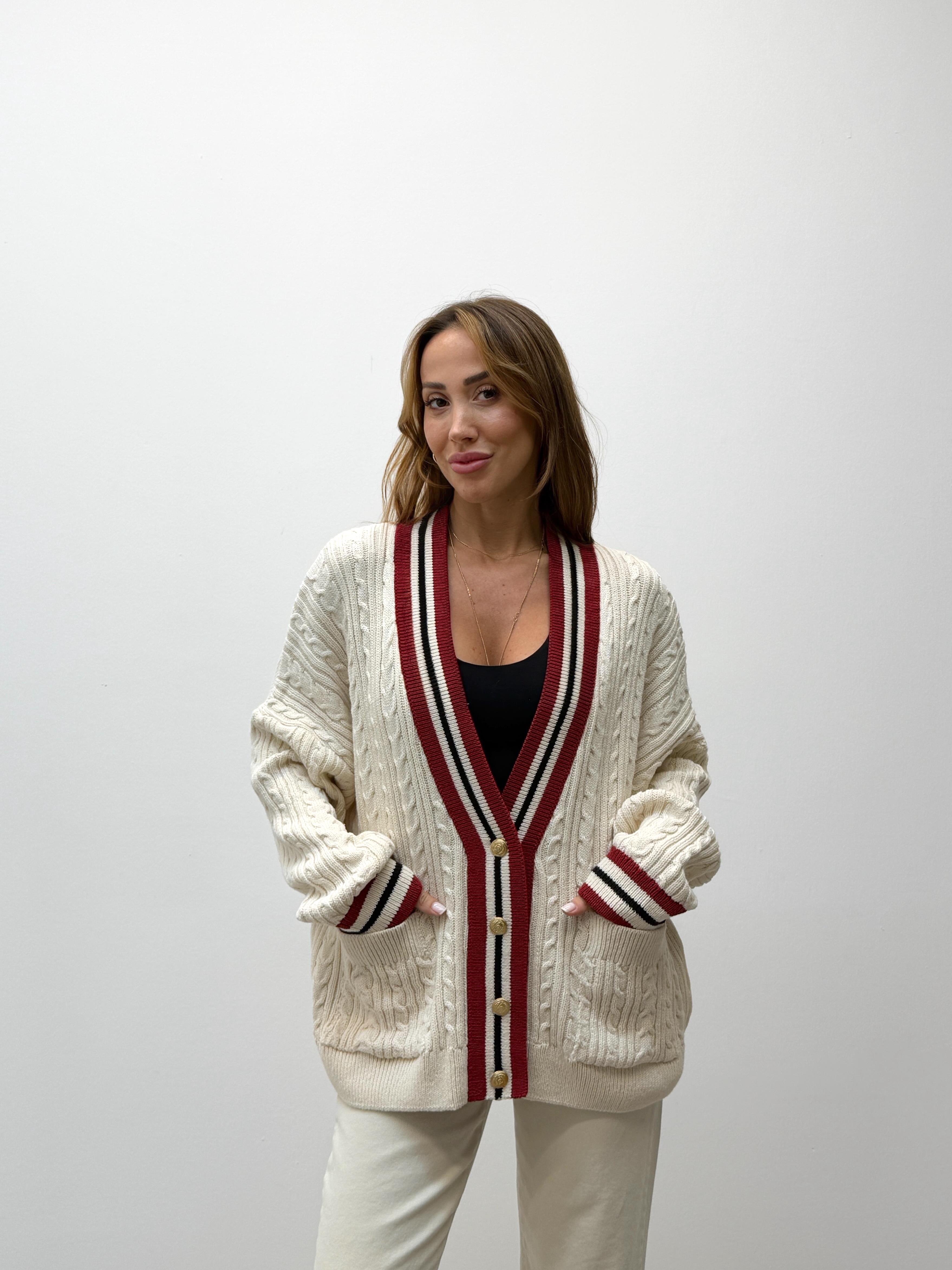 Kadın Kırmızı Şeritli Oversıze Örme Hırka