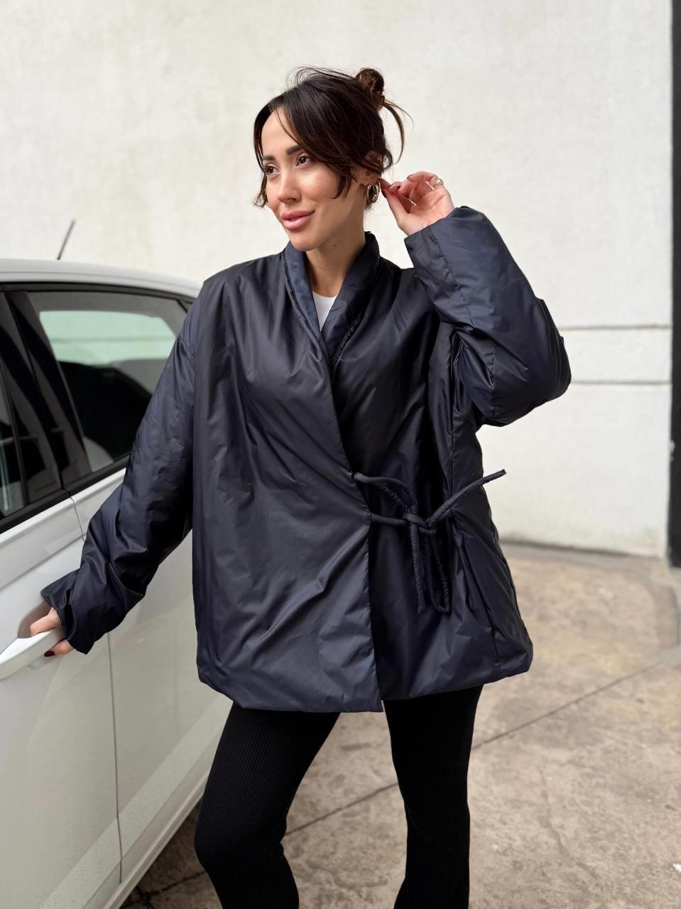 Kadın Kruvaze Kimono Bağlamalı Şişme Lacivert Ceket