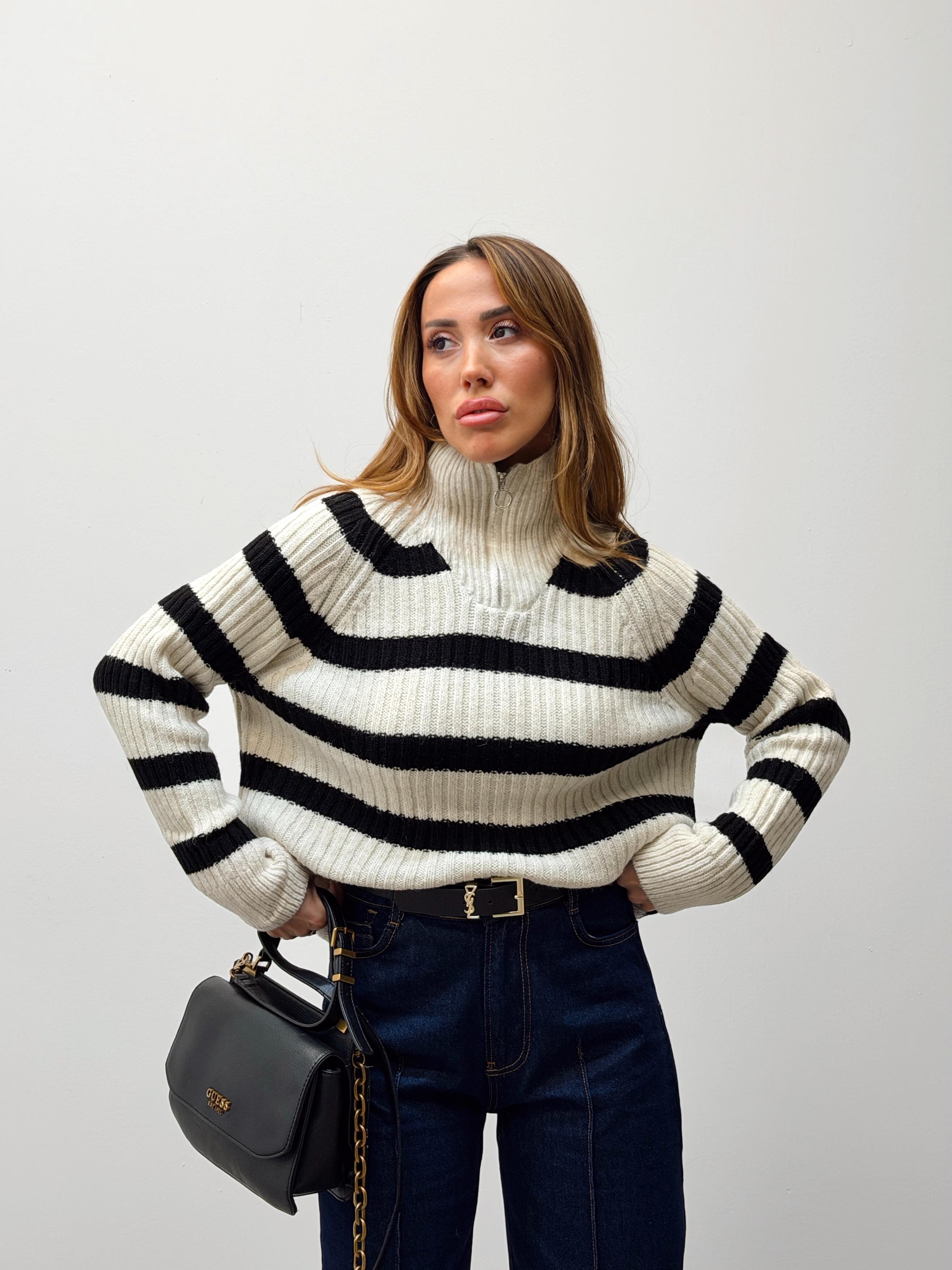 Kadın Ola Fermuarlı Dik Yaka Çizgili Triko Kazak