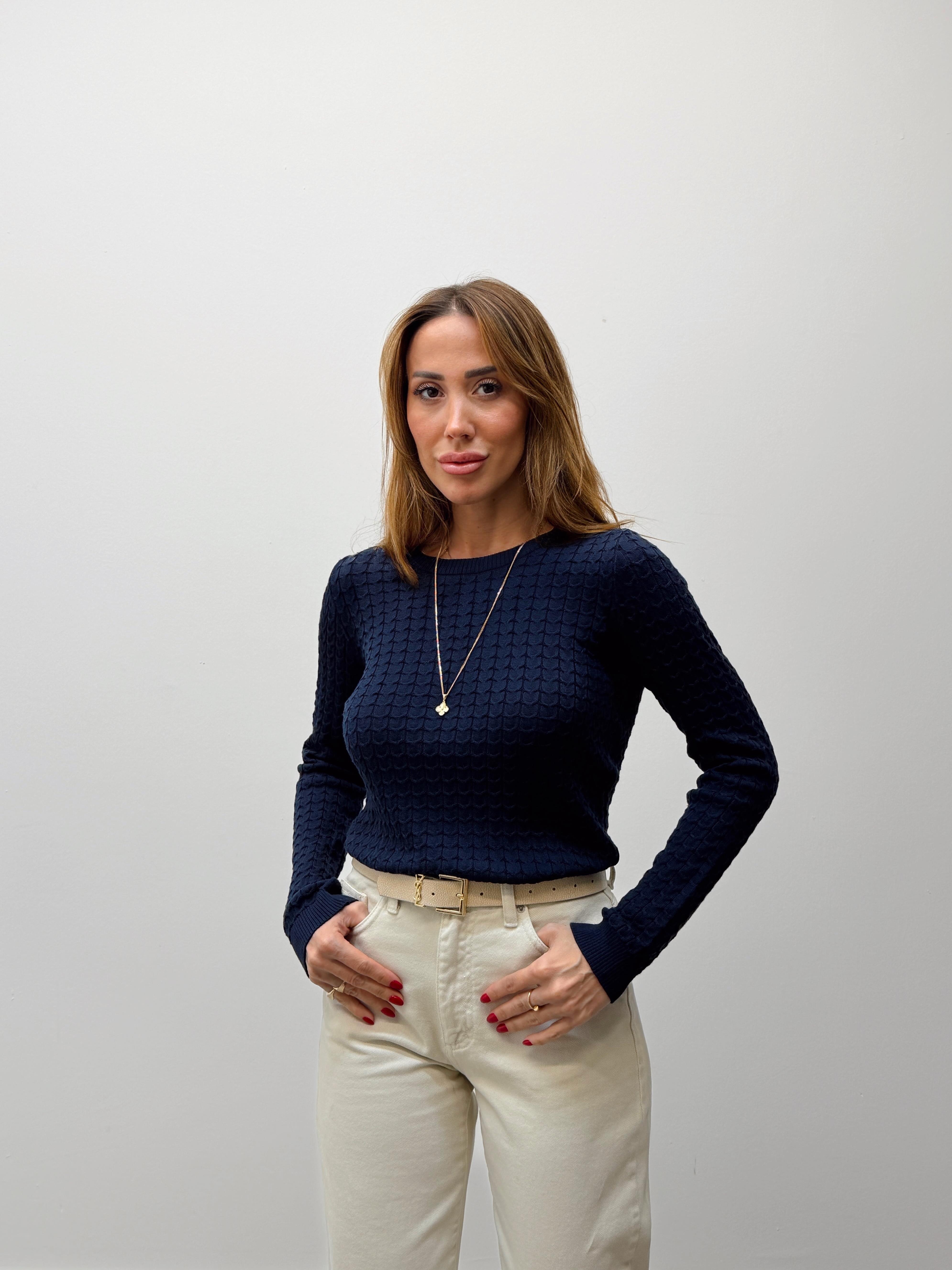 Kadın Saç Örgü Basic Lacivert Triko Kazak 